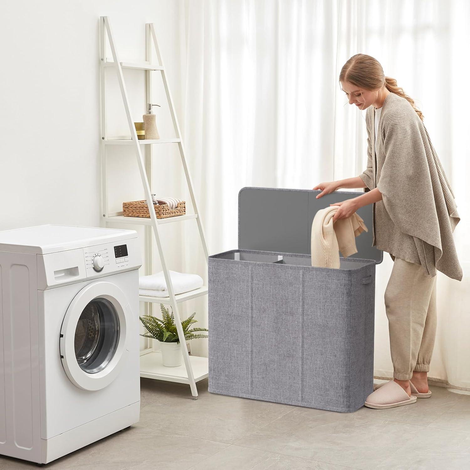 imageLifewit Double Laundry Hamper with Lid and Removable Laundry Bags Large Collapsible 2 Dividers Dirty Clothes Basket with Handles for Bedroom Laundry Room Closet Bathroom College 136L GrayDark Gray