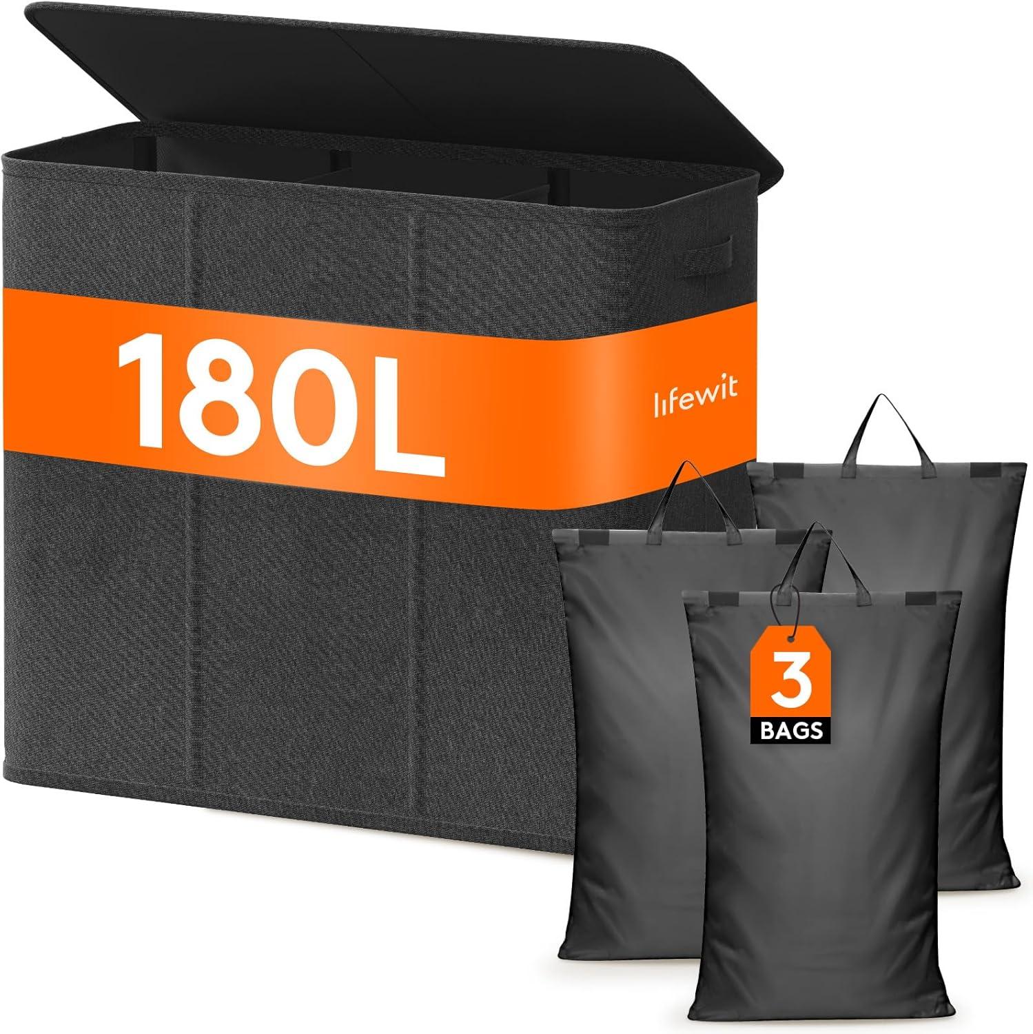 imageLifewit Double Laundry Hamper with Lid and Removable Laundry Bags Large Collapsible 2 Dividers Dirty Clothes Basket with Handles for Bedroom Laundry Room Closet Bathroom College 136L GrayWhite