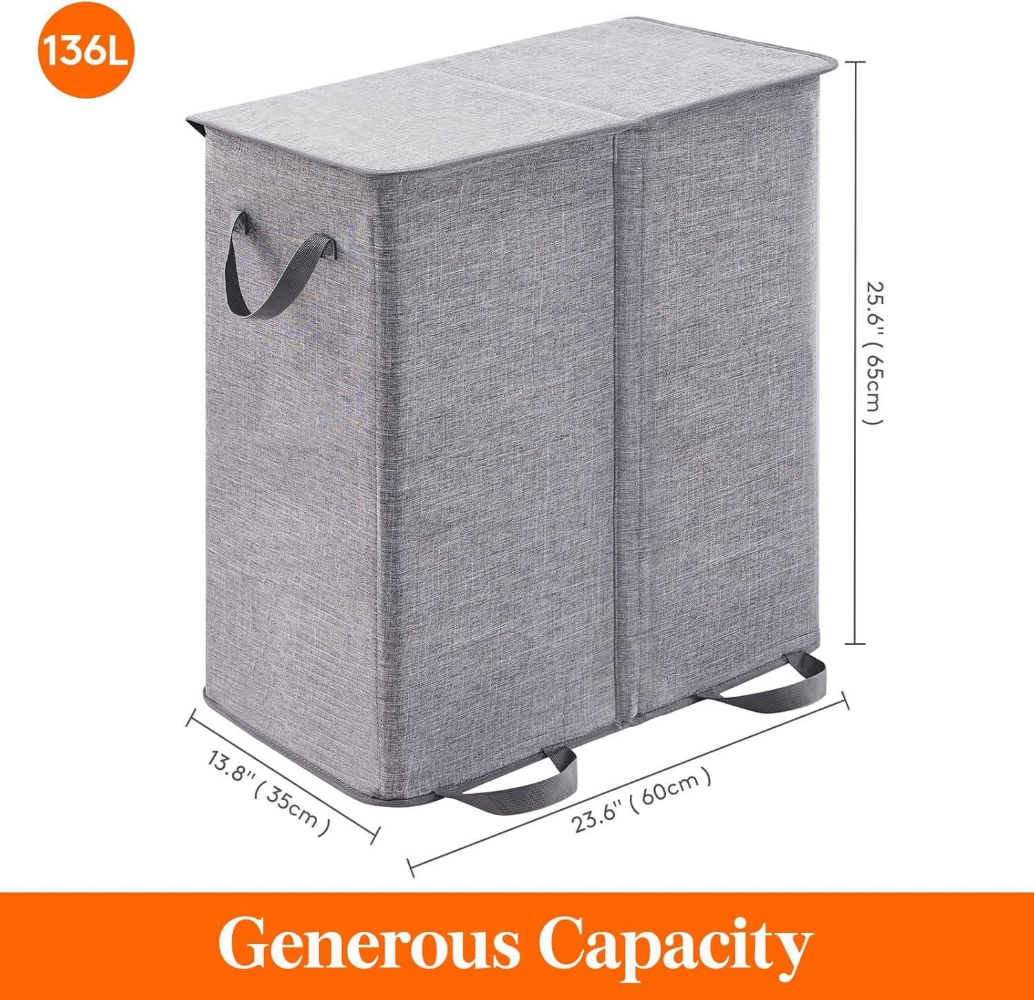 imageLifewit Double Laundry Hamper with Lid and Removable Laundry Bags Large Collapsible 2 Dividers Dirty Clothes Basket with Handles for Bedroom Laundry Room Closet Bathroom College 136L GrayGray