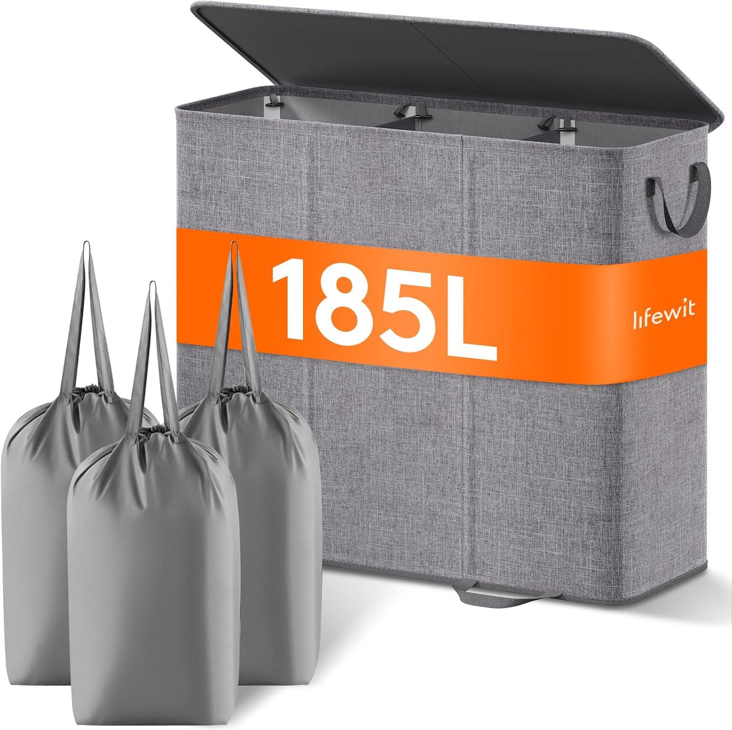 imageLifewit Double Laundry Hamper with Lid and Removable Laundry Bags Large Collapsible 2 Dividers Dirty Clothes Basket with Handles for Bedroom Laundry Room Closet Bathroom College 136L GrayGray