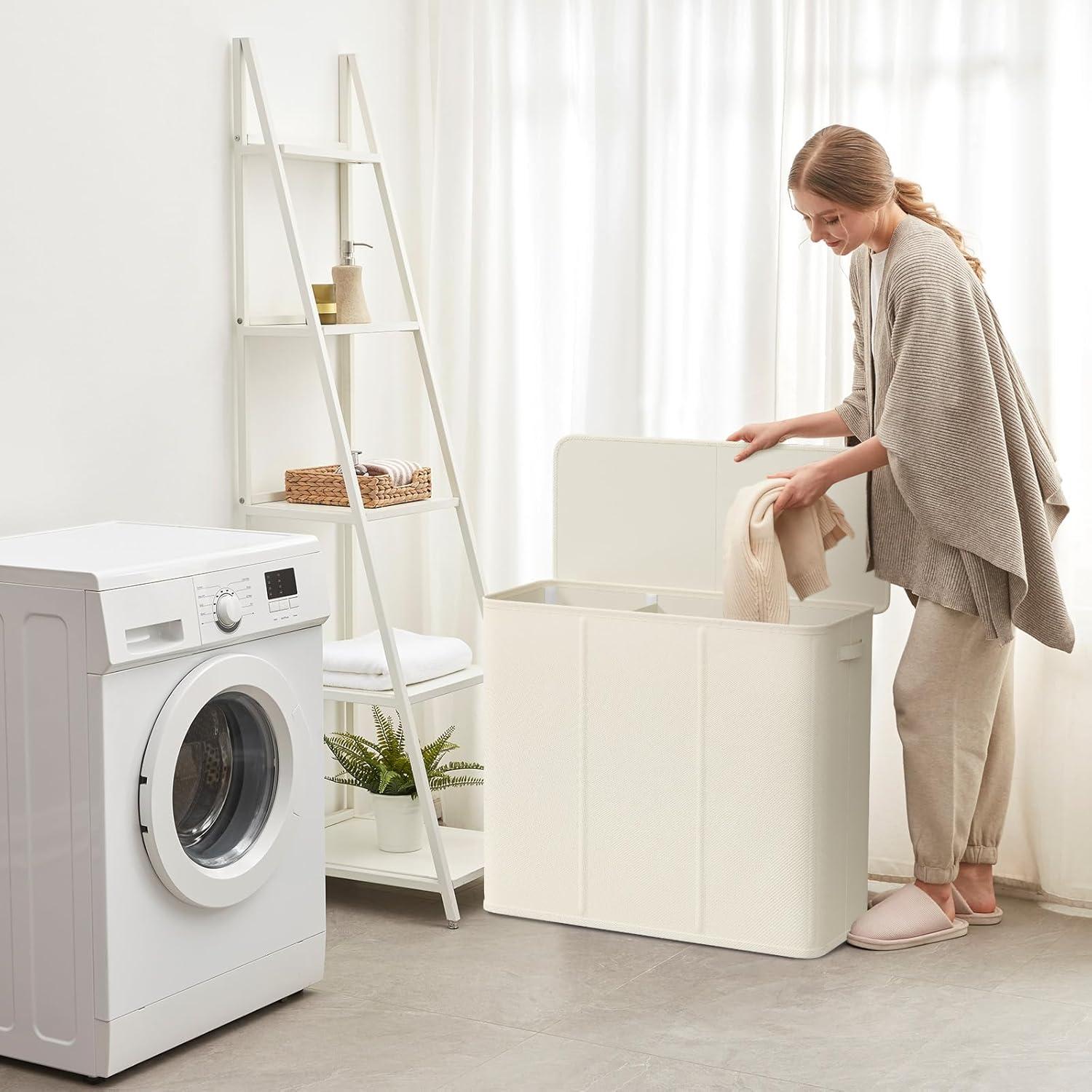 imageLifewit Double Laundry Hamper with Lid and Removable Laundry Bags Large Collapsible 2 Dividers Dirty Clothes Basket with Handles for Bedroom Laundry Room Closet Bathroom College 136L GrayLight Gray