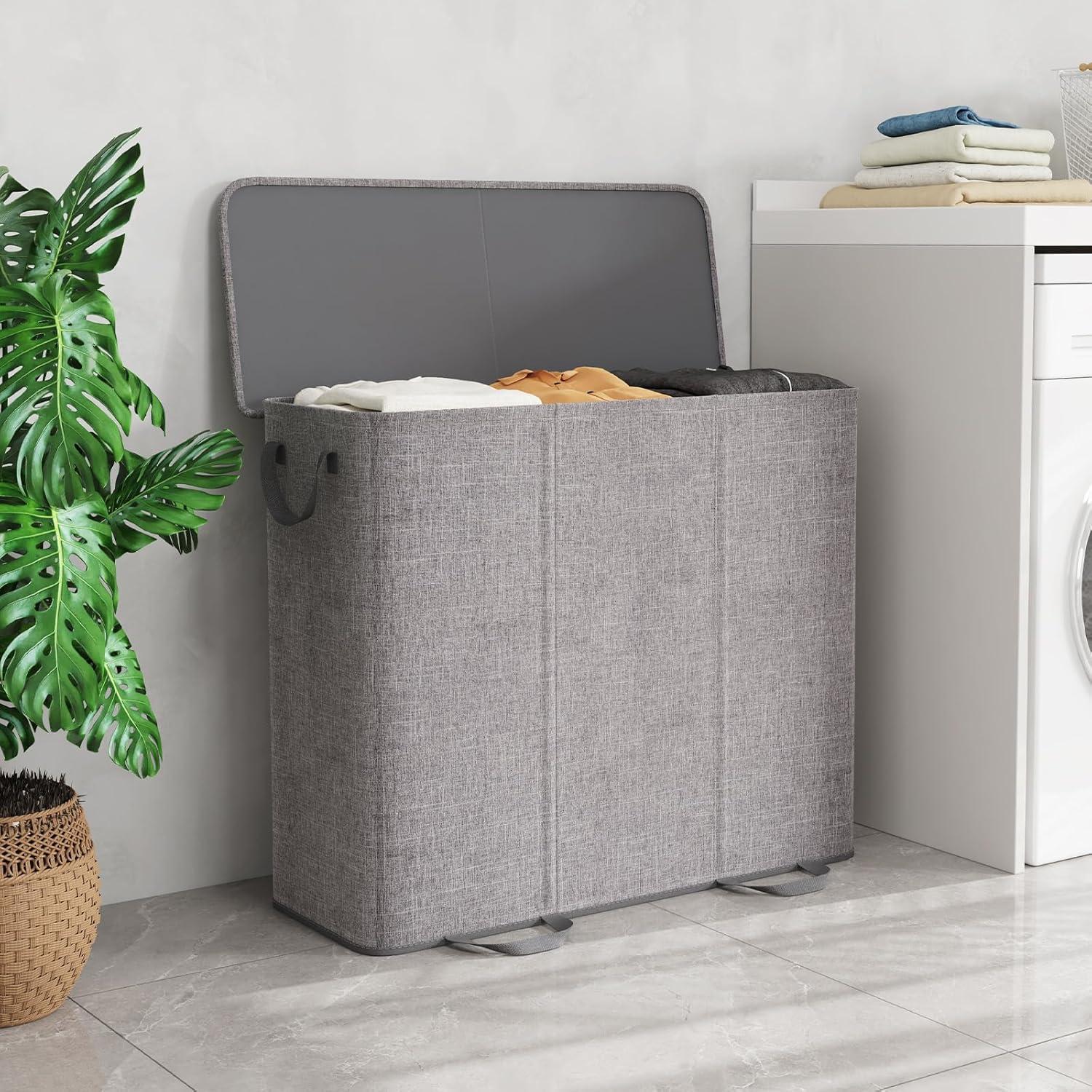 imageLifewit Double Laundry Hamper with Lid and Removable Laundry Bags Large Collapsible 2 Dividers Dirty Clothes Basket with Handles for Bedroom Laundry Room Closet Bathroom College 136L GrayGray