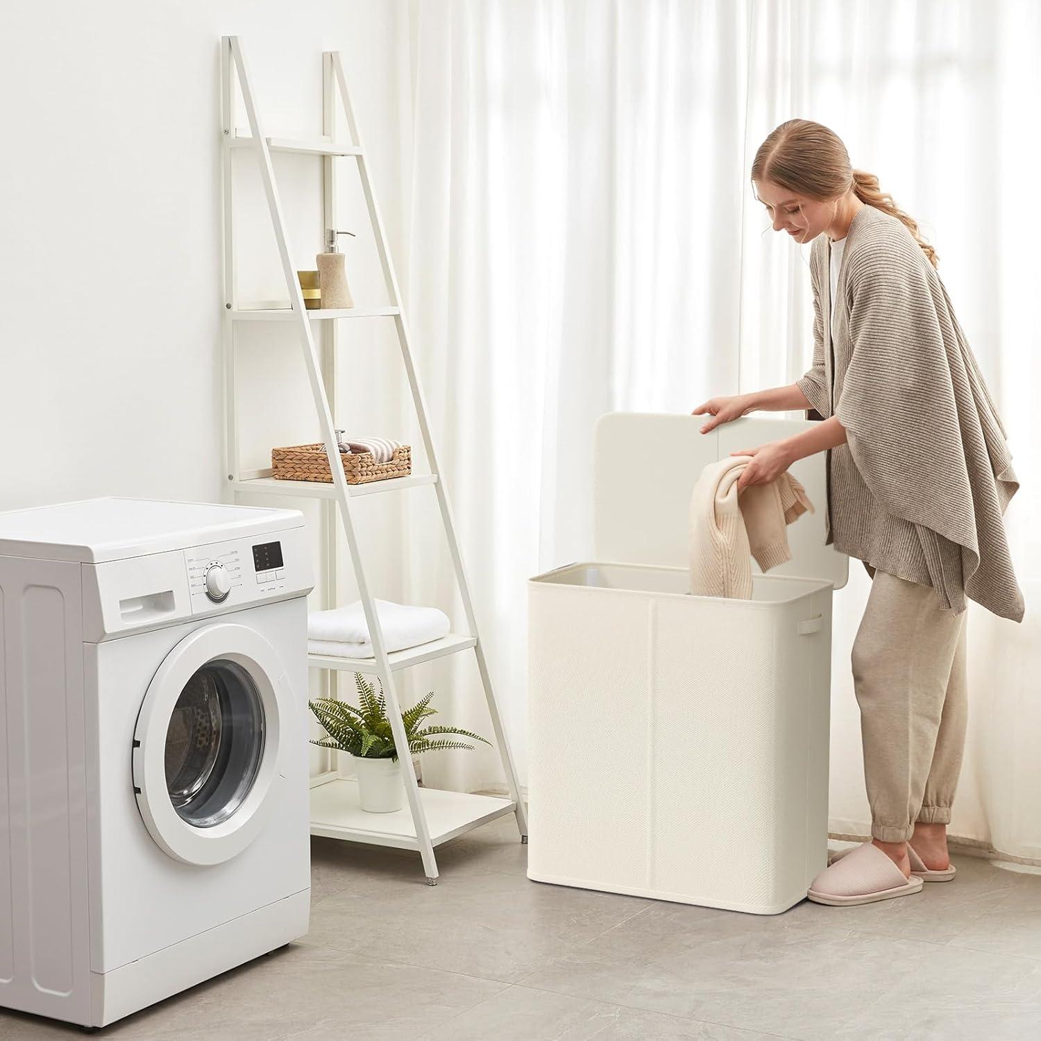 imageLifewit Double Laundry Hamper with Lid and Removable Laundry Bags Large Collapsible 2 Dividers Dirty Clothes Basket with Handles for Bedroom Laundry Room Closet Bathroom College 136L GrayWhite