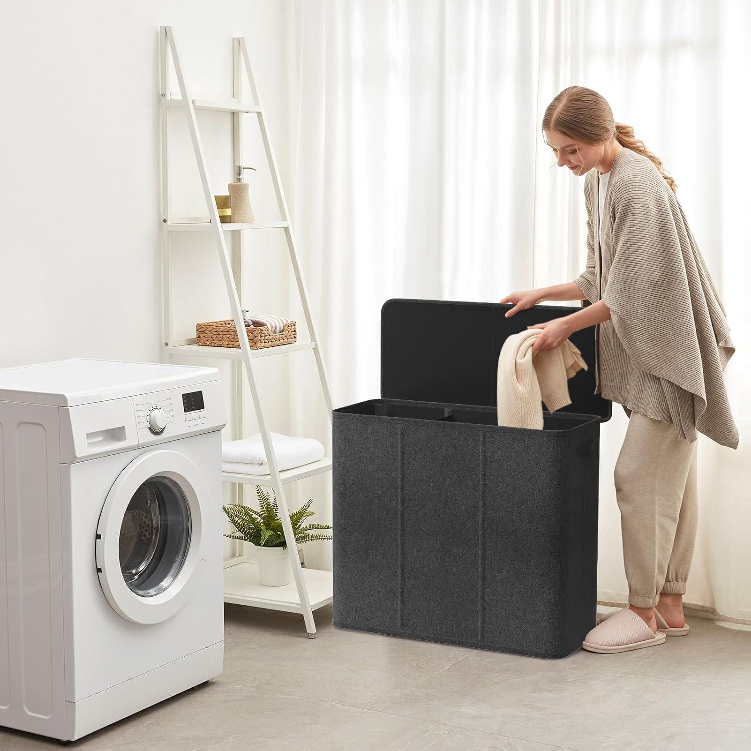 imageLifewit Double Laundry Hamper with Lid and Removable Laundry Bags Large Collapsible 2 Dividers Dirty Clothes Basket with Handles for Bedroom Laundry Room Closet Bathroom College 136L GrayWhite