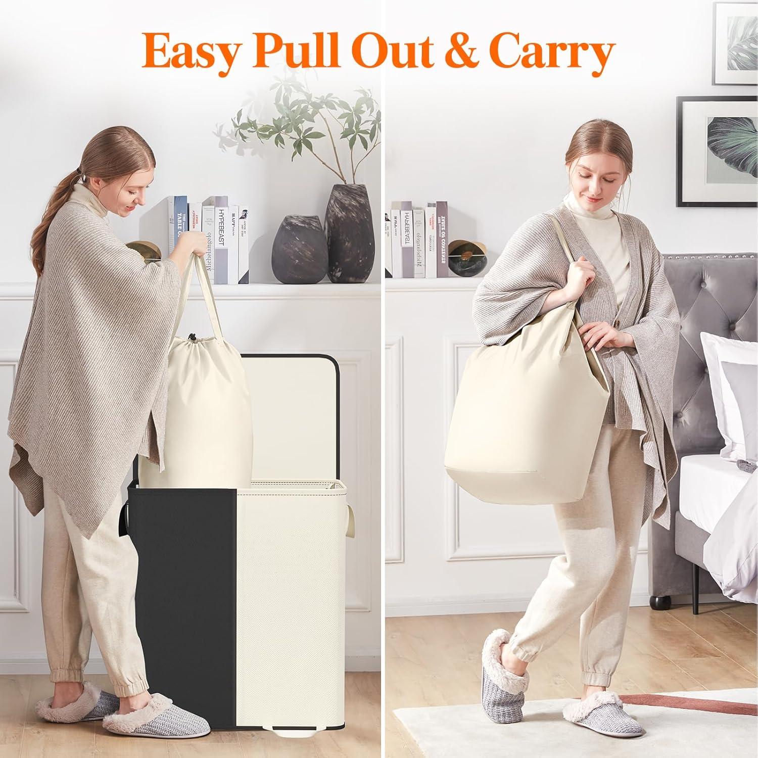 imageLifewit Double Laundry Hamper with Lid and Removable Laundry Bags Large Collapsible 2 Dividers Dirty Clothes Basket with Handles for Bedroom Laundry Room Closet Bathroom College 136L GrayWhiteblack