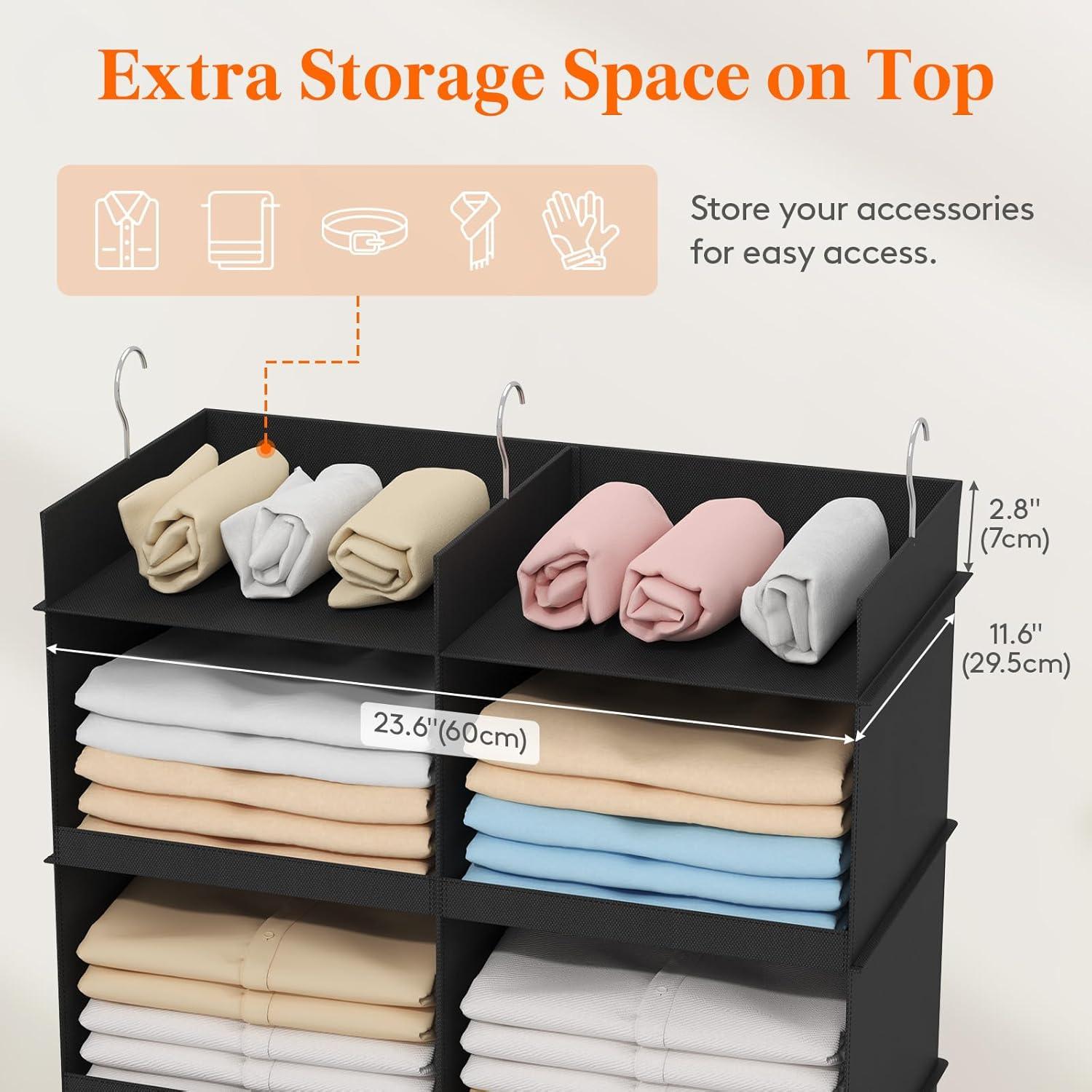 imageLifewit DualRow 6 Tier Shelf Hanging Closet Organizer and Storage Clothes Storage Shelves with 3 Sturdy Hooks for Clothing Organization Foldable Dorm Room Essentials 12 Sections GreyBlack
