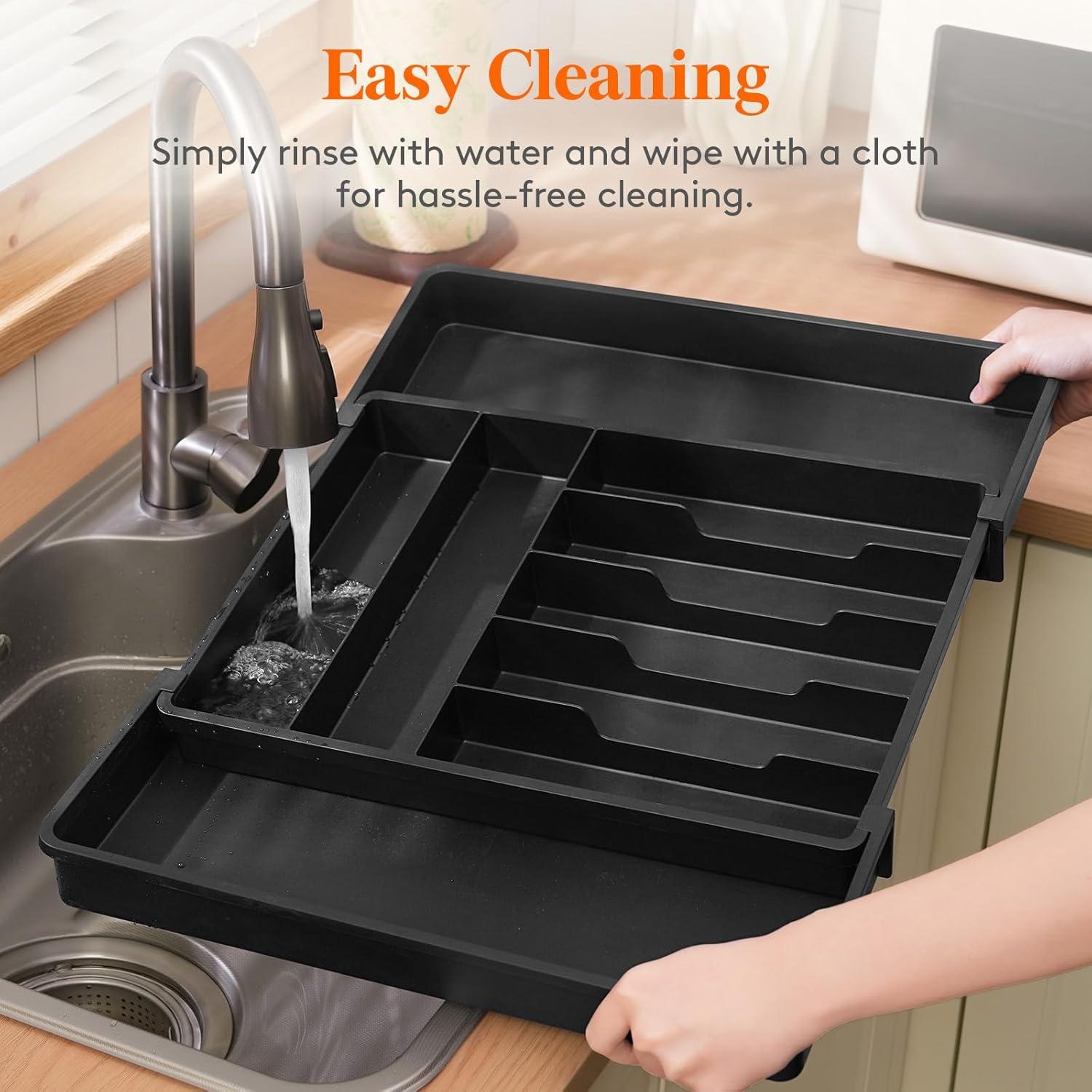 imageLifewit Expandable Silverware Drawer Organizer 167 inches Deep Adjustable Utensil Cutlery Tray for kitchen Plastic Flatware Spoon Fork Knives Holder Storage Divider 7 Compartment 1 Pack WhiteBlack