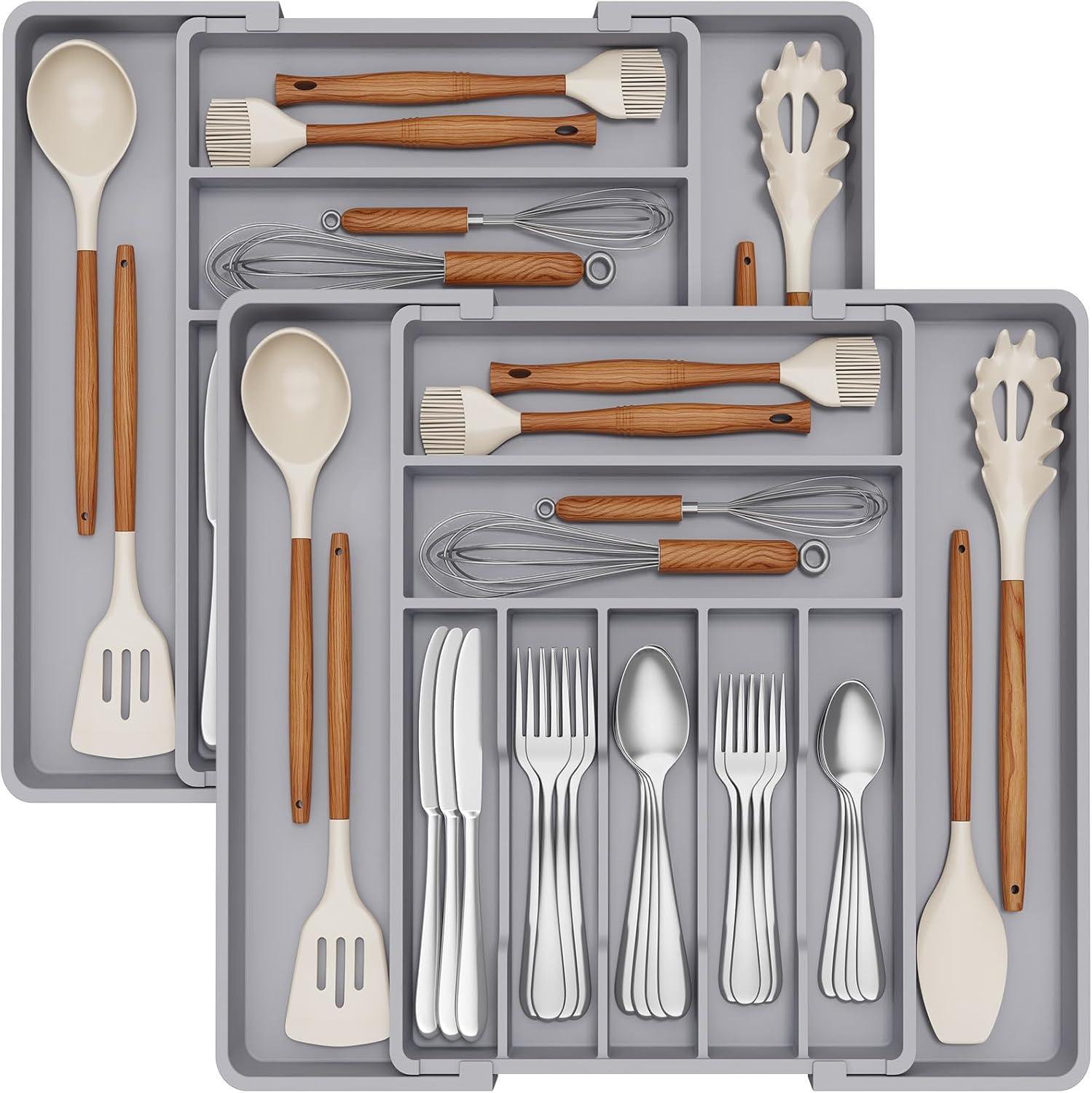 imageLifewit Expandable Silverware Drawer Organizer 167 inches Deep Adjustable Utensil Cutlery Tray for kitchen Plastic Flatware Spoon Fork Knives Holder Storage Divider 7 Compartment 1 Pack WhiteGray