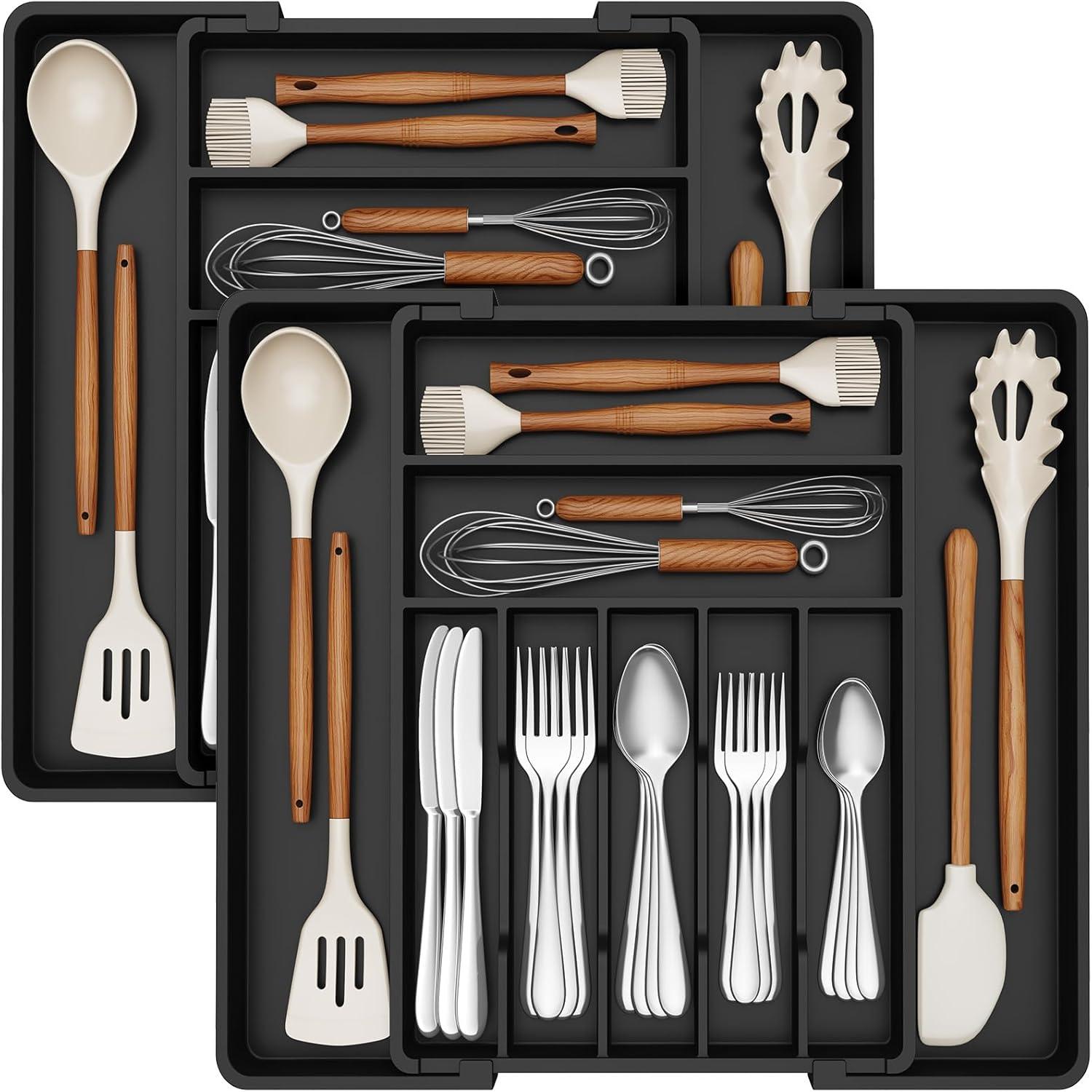 imageLifewit Expandable Silverware Drawer Organizer 167 inches Deep Adjustable Utensil Cutlery Tray for kitchen Plastic Flatware Spoon Fork Knives Holder Storage Divider 7 Compartment 1 Pack WhiteBlack