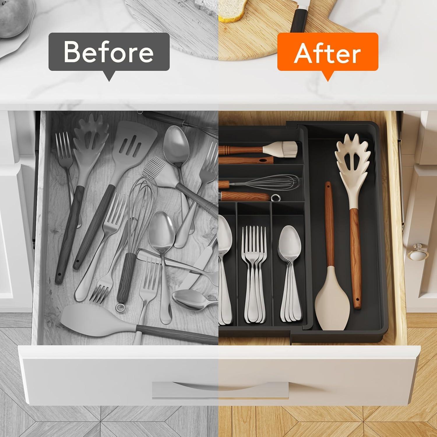 imageLifewit Expandable Silverware Drawer Organizer 167 inches Deep Adjustable Utensil Cutlery Tray for kitchen Plastic Flatware Spoon Fork Knives Holder Storage Divider 7 Compartment 1 Pack WhiteBlack