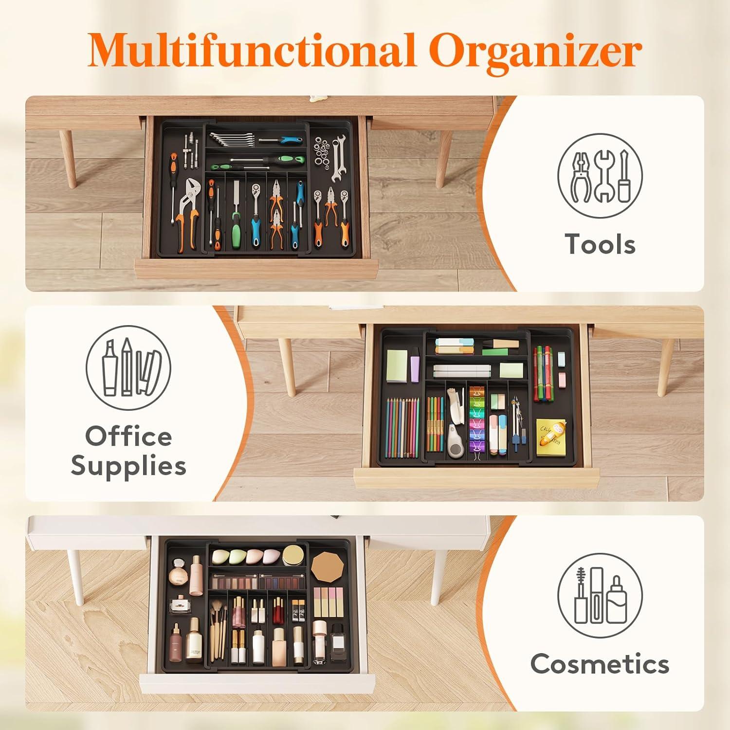 imageLifewit Expandable Silverware Drawer Organizer 167 inches Deep Adjustable Utensil Cutlery Tray for kitchen Plastic Flatware Spoon Fork Knives Holder Storage Divider 7 Compartment 1 Pack WhiteBlack