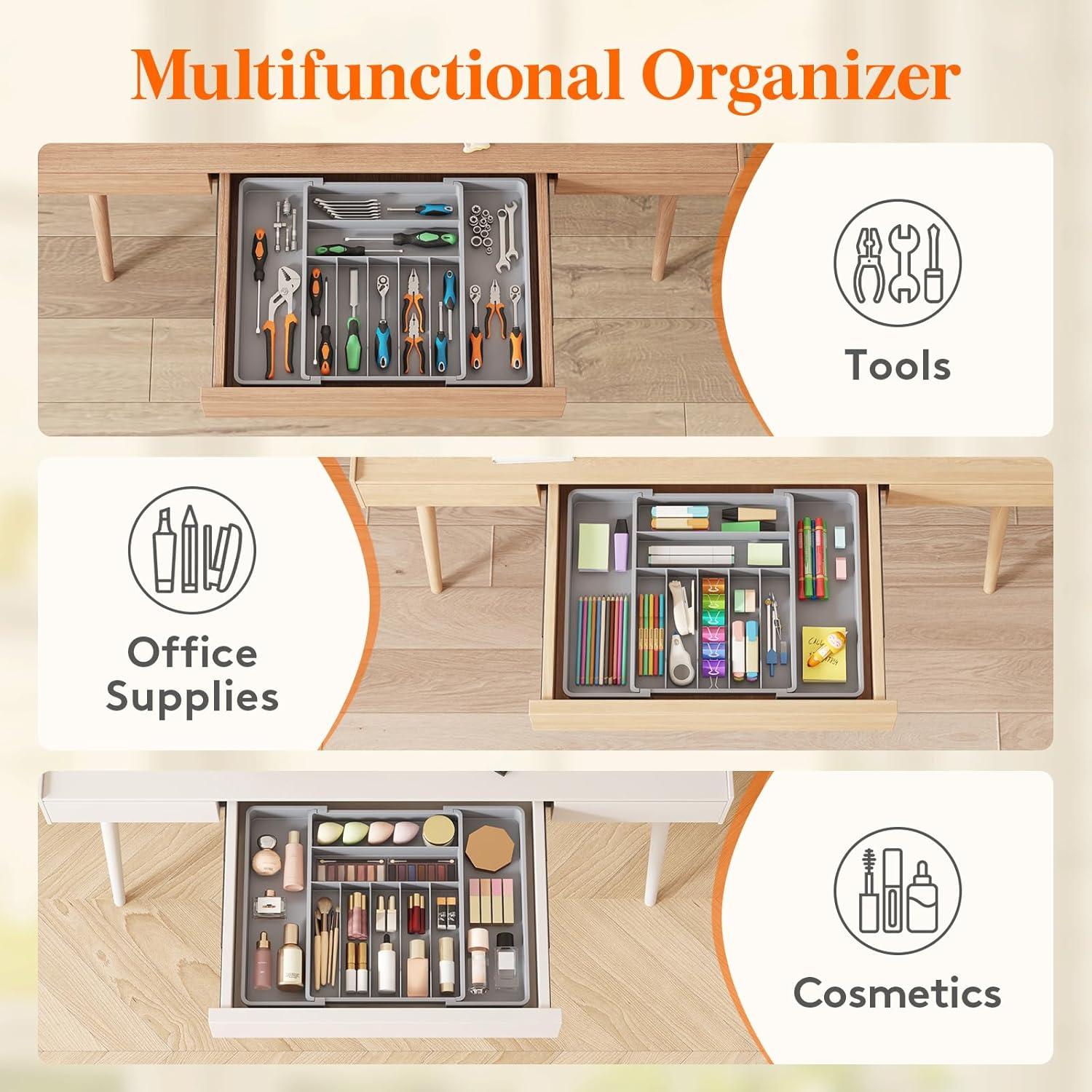 imageLifewit Expandable Silverware Drawer Organizer 167 inches Deep Adjustable Utensil Cutlery Tray for kitchen Plastic Flatware Spoon Fork Knives Holder Storage Divider 7 Compartment 1 Pack WhiteGray