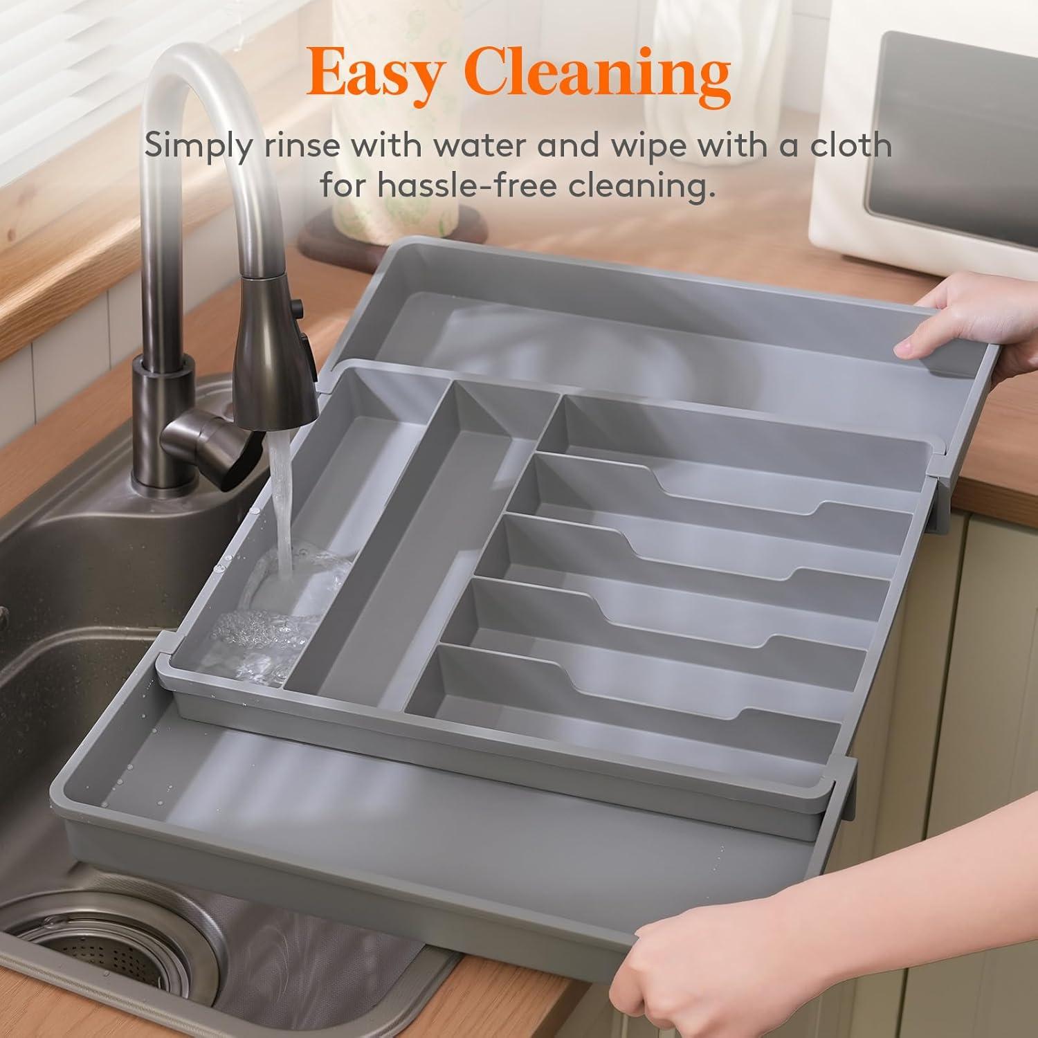 imageLifewit Expandable Silverware Drawer Organizer 167 inches Deep Adjustable Utensil Cutlery Tray for kitchen Plastic Flatware Spoon Fork Knives Holder Storage Divider 7 Compartment 1 Pack WhiteGray