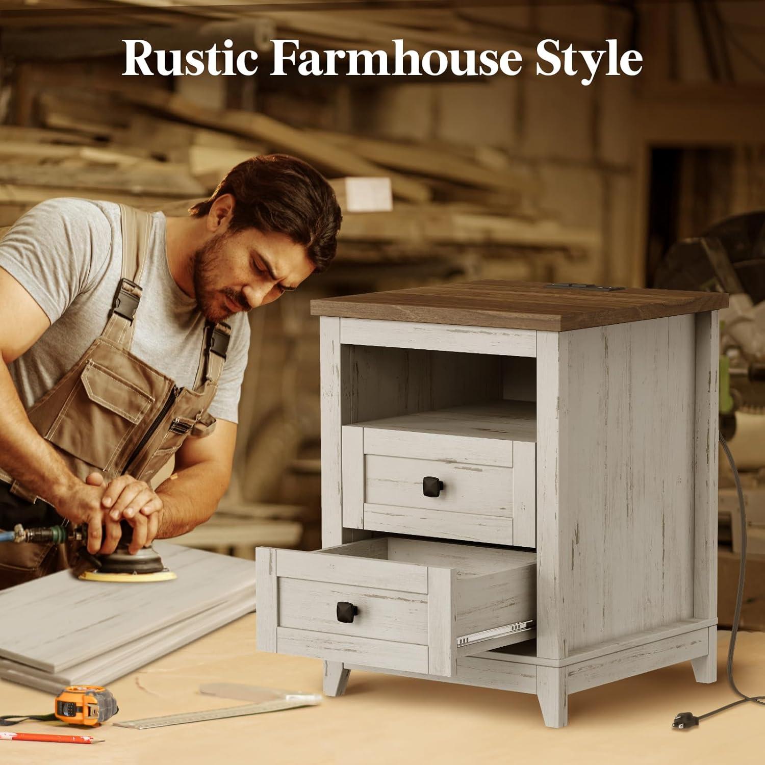 imageLifewit Farmhouse Nightstand with Power Outlets and USB Ports Bedside Table with 2 Drawers and 1 Open Storage Space Side Table End Table Night Stand for Bedroom Rustic White