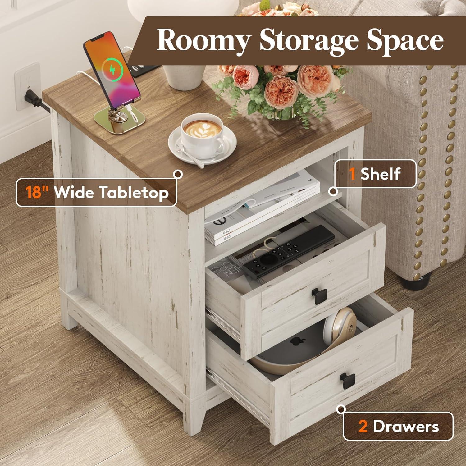 imageLifewit Farmhouse Nightstand with Power Outlets and USB Ports Bedside Table with 2 Drawers and 1 Open Storage Space Side Table End Table Night Stand for Bedroom Rustic White