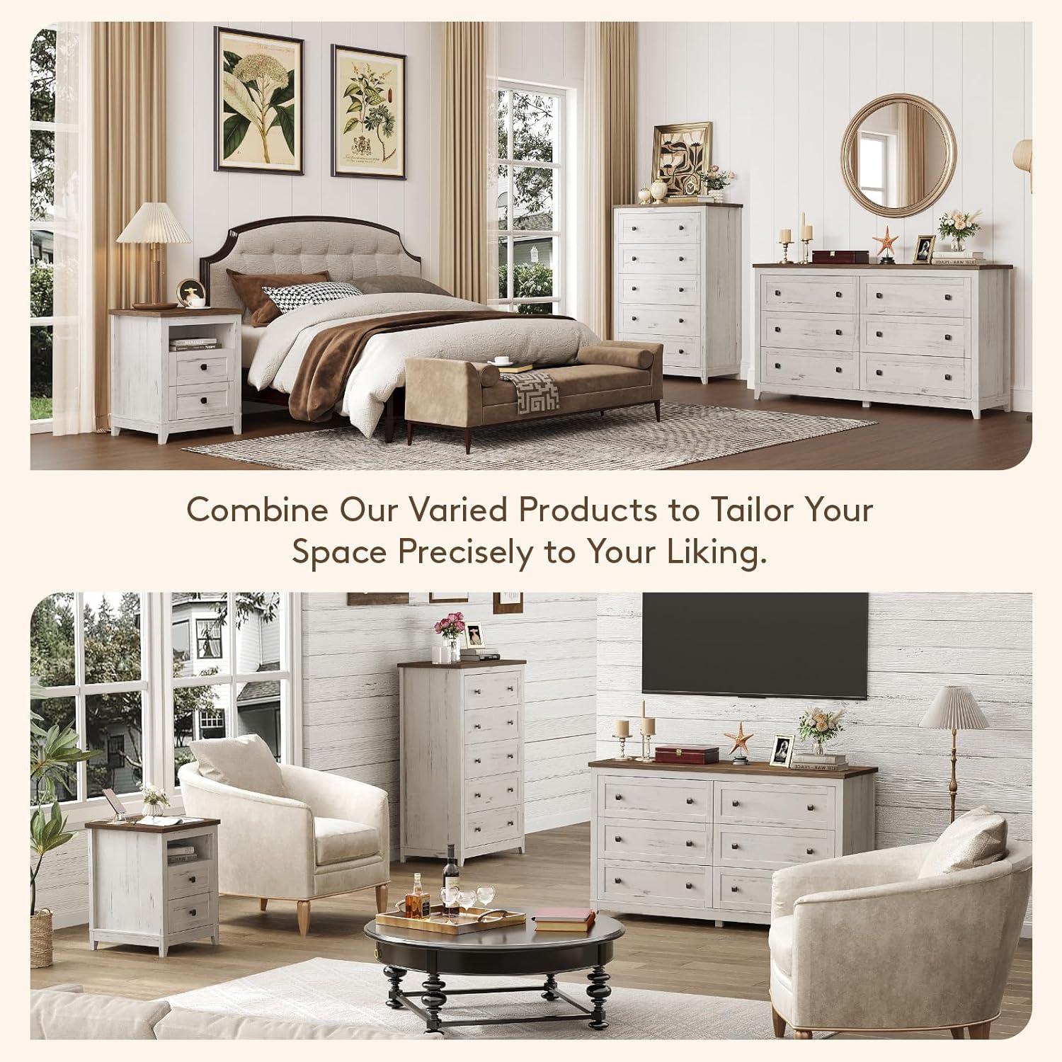 imageLifewit Farmhouse Nightstand with Power Outlets and USB Ports Bedside Table with 2 Drawers and 1 Open Storage Space Side Table End Table Night Stand for Bedroom Rustic White