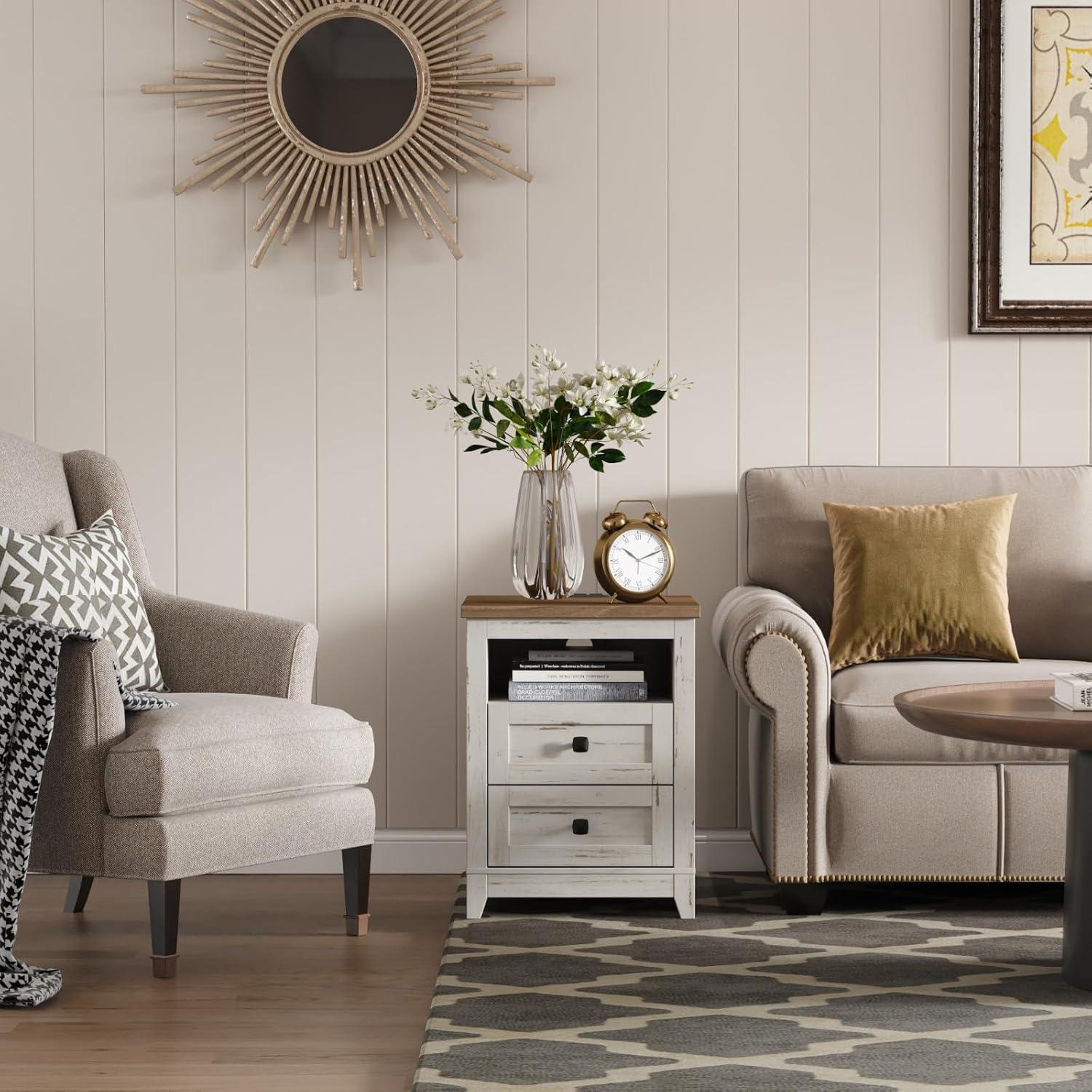 imageLifewit Farmhouse Nightstand with Power Outlets and USB Ports Bedside Table with 2 Drawers and 1 Open Storage Space Side Table End Table Night Stand for Bedroom Rustic White