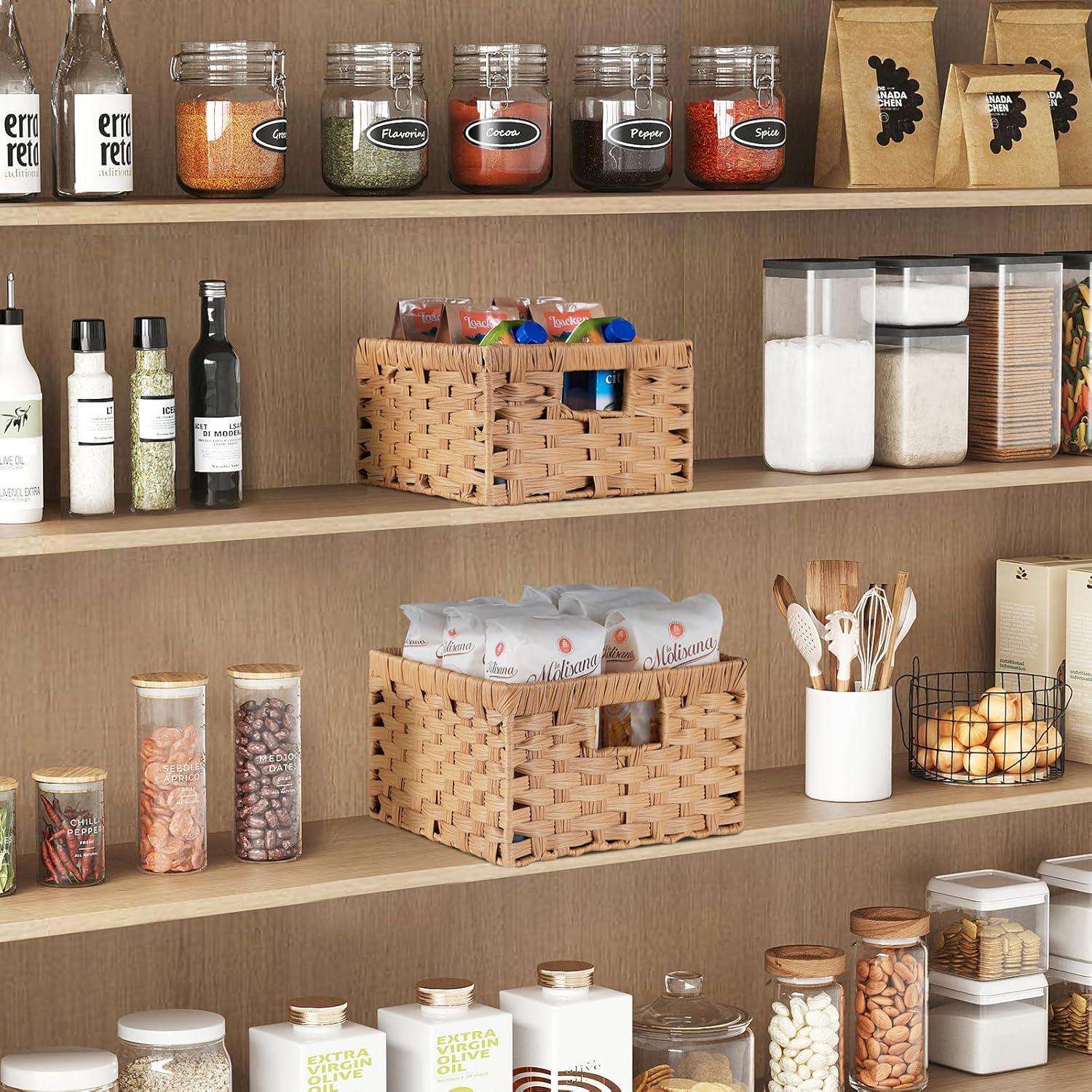 imageLifewit Handwoven PP Wicker Storage Basket Waterproof Imitation Rattan Basket with Builtin Handles Rectangle Baskets for Organizing Shelves Pantry Burlywood 2Pack LargeMediumBurlywood