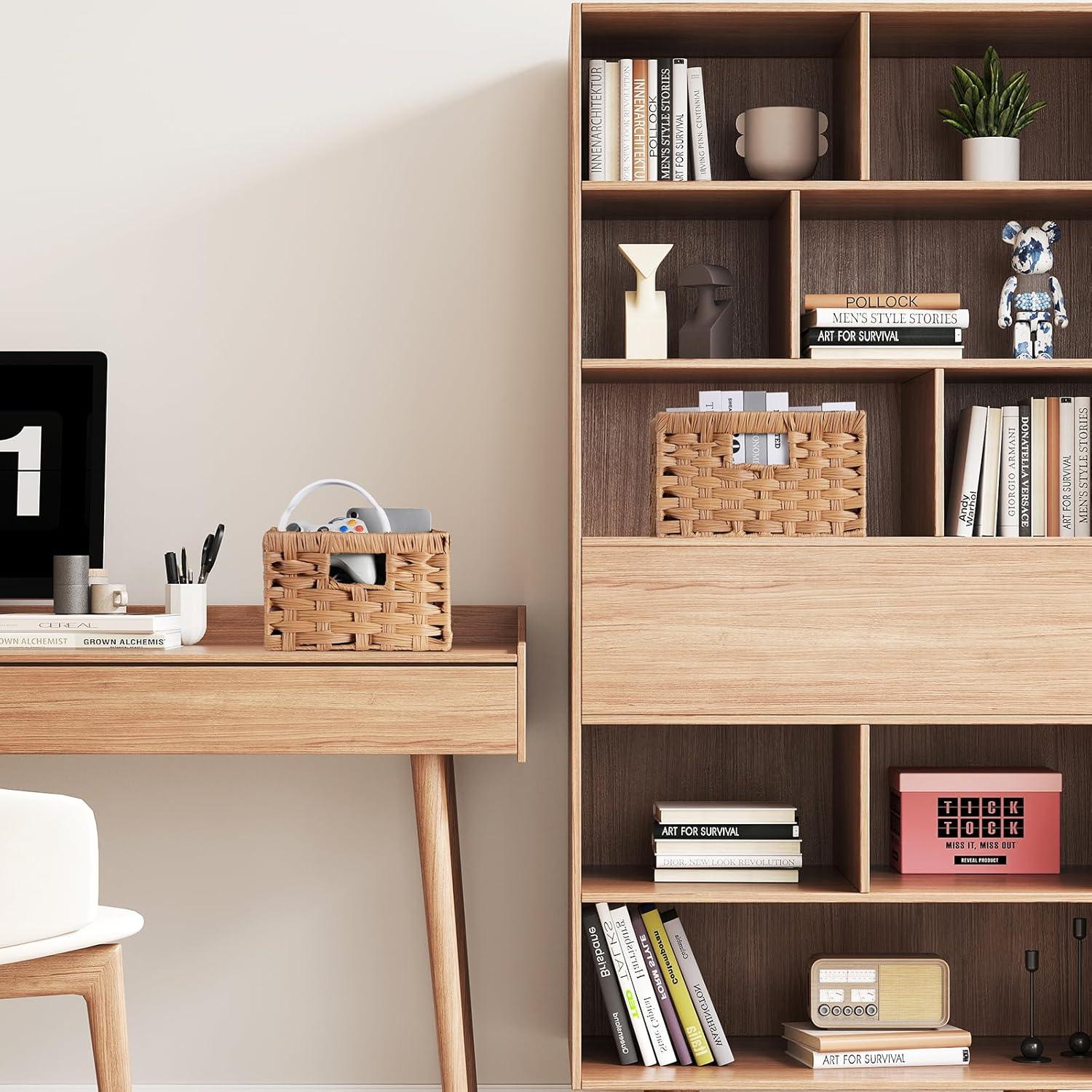 imageLifewit Handwoven PP Wicker Storage Basket Waterproof Imitation Rattan Basket with Builtin Handles Rectangle Baskets for Organizing Shelves Pantry Burlywood 2Pack LargeMediumBurlywood