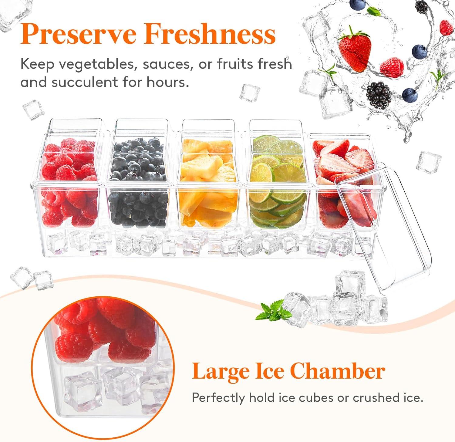 imageLifewit Ice Chilled Condiment Caddy with 5x 20oz25 cup Containers 153quot Condiment Server with Separate Lids Serving Tray Platter with Removable Dishes for Bar Fruit Salad Taco Party Garnish2