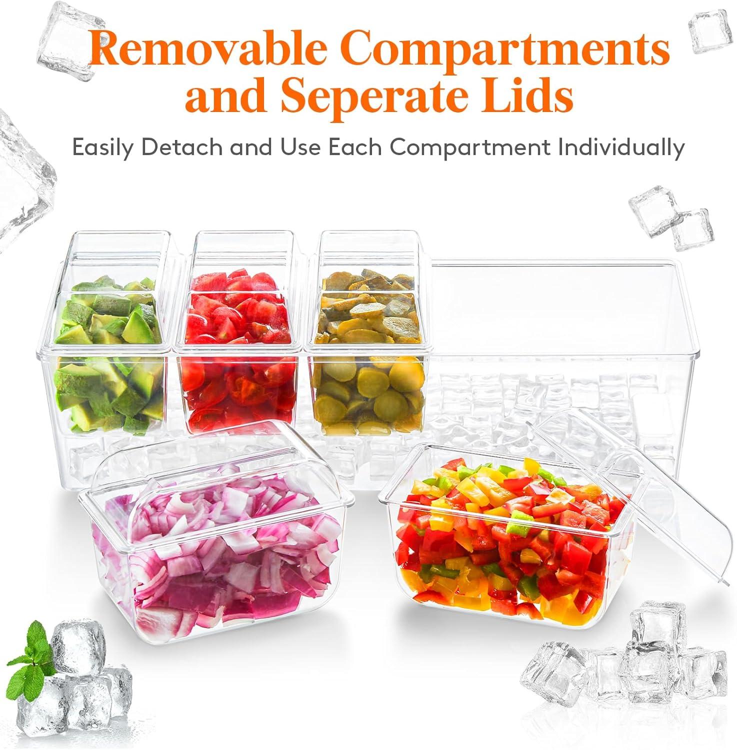 imageLifewit Ice Chilled Condiment Caddy with 5x 20oz25 cup Containers 153quot Condiment Server with Separate Lids Serving Tray Platter with Removable Dishes for Bar Fruit Salad Taco Party Garnish1