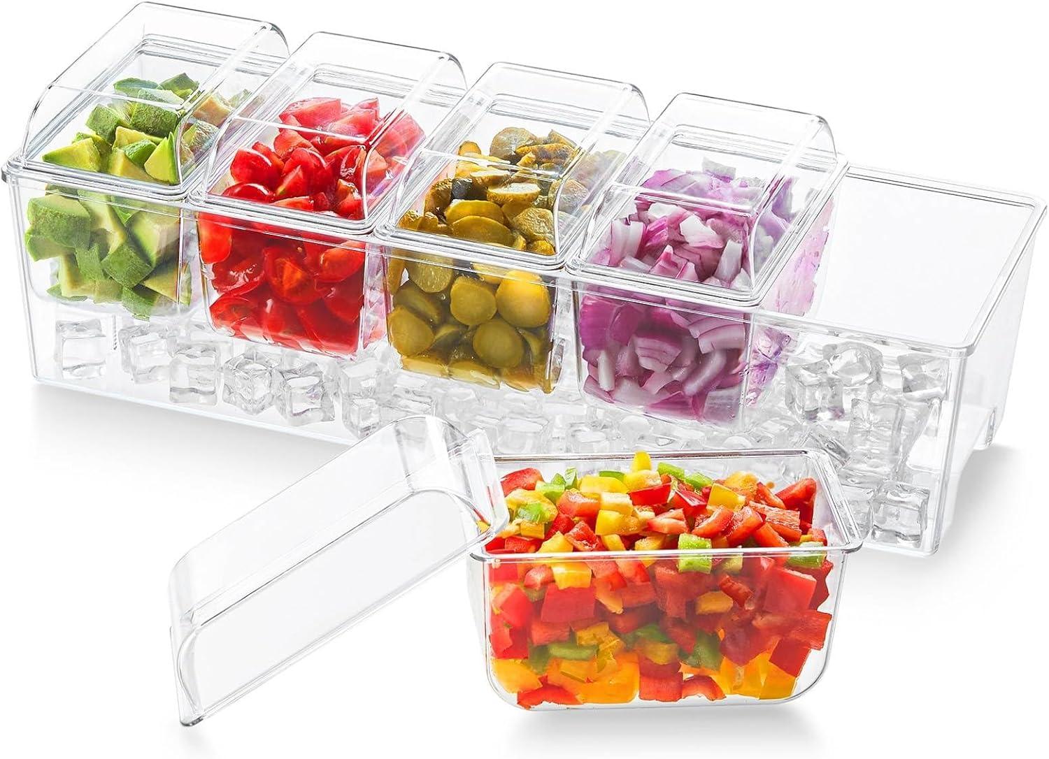 imageLifewit Ice Chilled Condiment Caddy with 5x 20oz25 cup Containers 153quot Condiment Server with Separate Lids Serving Tray Platter with Removable Dishes for Bar Fruit Salad Taco Party Garnish1