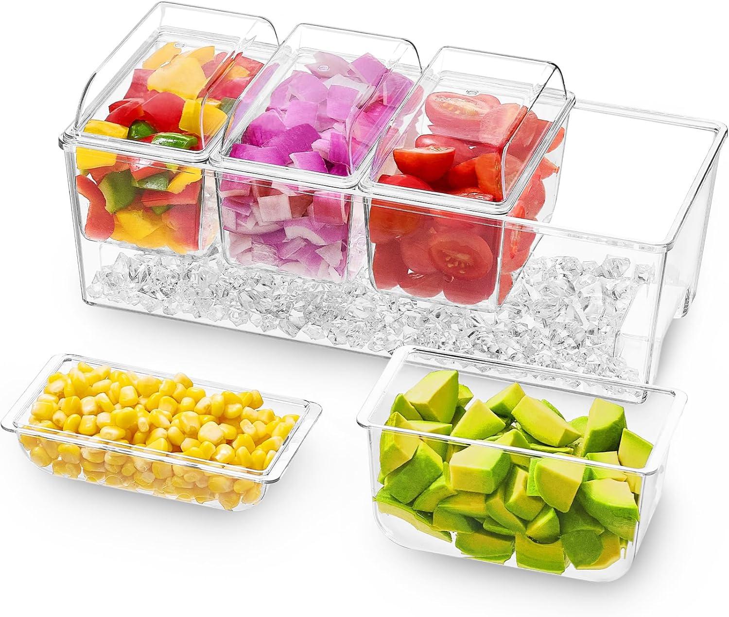 imageLifewit Ice Chilled Condiment Caddy with 5x 20oz25 cup Containers 153quot Condiment Server with Separate Lids Serving Tray Platter with Removable Dishes for Bar Fruit Salad Taco Party Garnish1