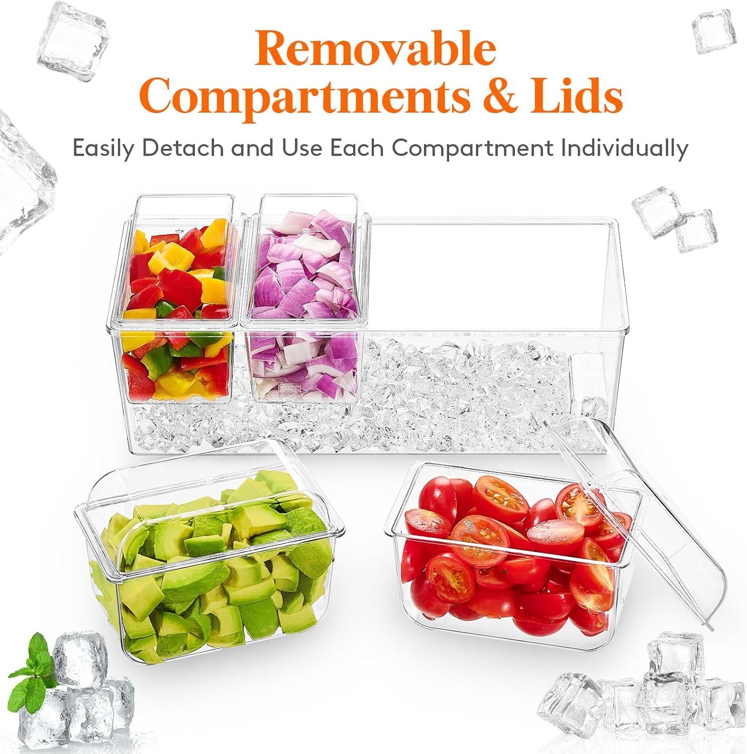 imageLifewit Ice Chilled Condiment Caddy with 5x 20oz25 cup Containers 153quot Condiment Server with Separate Lids Serving Tray Platter with Removable Dishes for Bar Fruit Salad Taco Party Garnish1