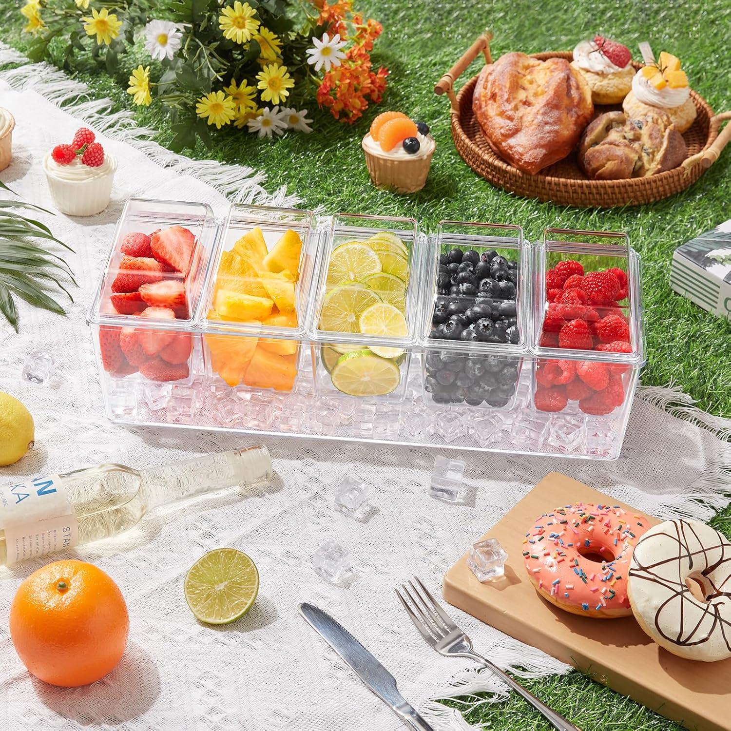 imageLifewit Ice Chilled Condiment Caddy with 5x 20oz25 cup Containers 153quot Condiment Server with Separate Lids Serving Tray Platter with Removable Dishes for Bar Fruit Salad Taco Party Garnish1