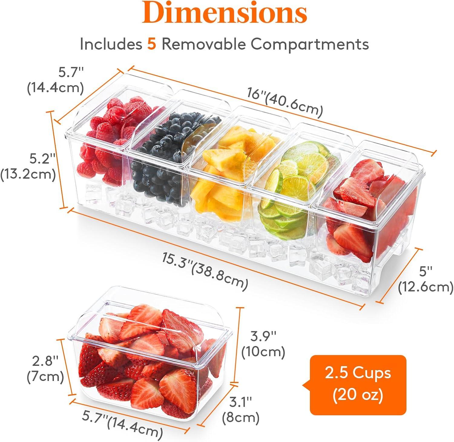 imageLifewit Ice Chilled Condiment Caddy with 5x 20oz25 cup Containers 153quot Condiment Server with Separate Lids Serving Tray Platter with Removable Dishes for Bar Fruit Salad Taco Party Garnish1