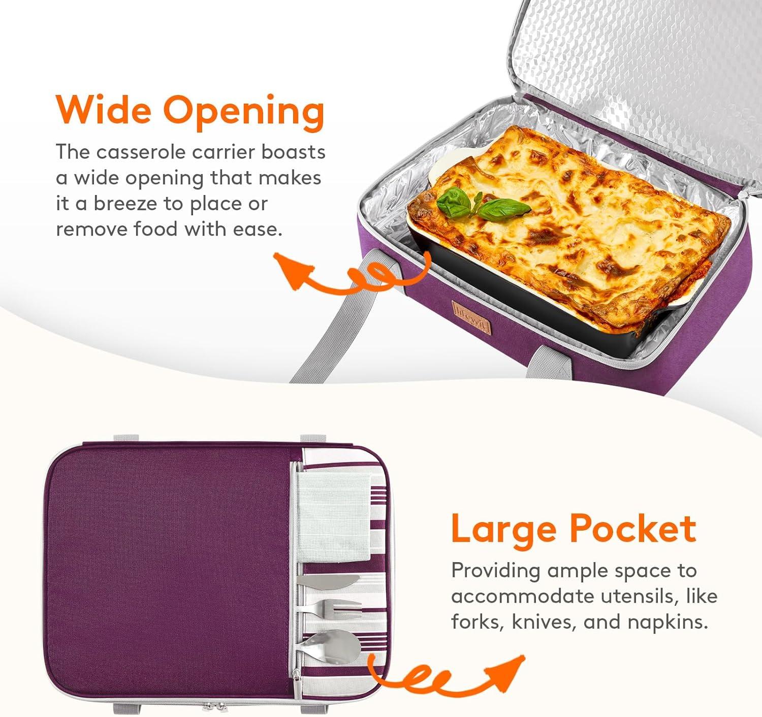 imageLifewit Insulated Double Casserole Carrier Thermal Lunch Tote for Potluck Parties Picnic Beach Fits 9 x 13 Inches Casserole Dish Expandable by Mid Zipper GreyPurple