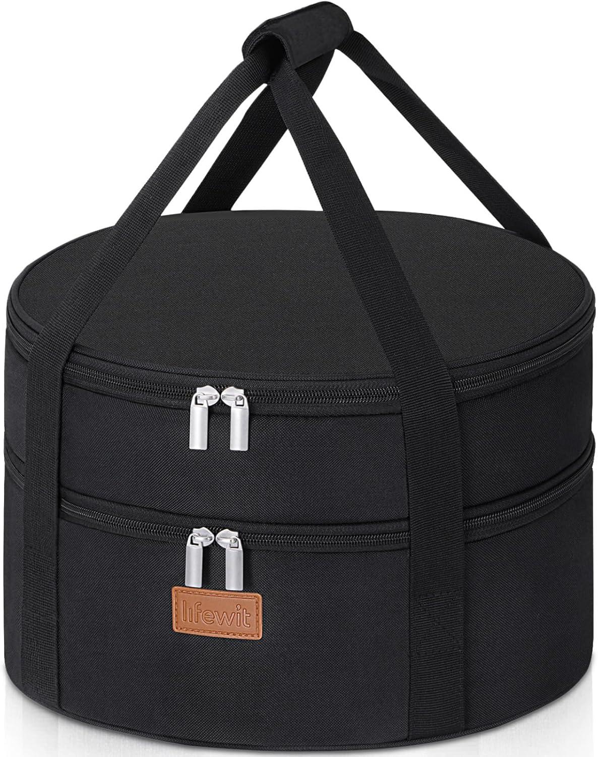 imageLifewit Insulated Double Decker Round Casserole Carrier Portable Pie Carrier Bag for Hot or Cold Food Fits 125quot Baking Dish Thermal Lunch Tote for Potluck Parties Picnic and Cookouts GreyBlack