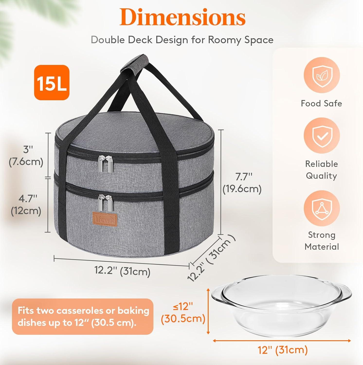 imageLifewit Insulated Double Decker Round Casserole Carrier Portable Pie Carrier Bag for Hot or Cold Food Fits 125quot Baking Dish Thermal Lunch Tote for Potluck Parties Picnic and Cookouts GreyGray