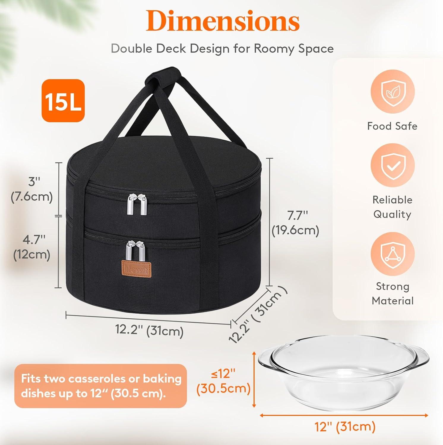 imageLifewit Insulated Double Decker Round Casserole Carrier Portable Pie Carrier Bag for Hot or Cold Food Fits 125quot Baking Dish Thermal Lunch Tote for Potluck Parties Picnic and Cookouts GreyBlack