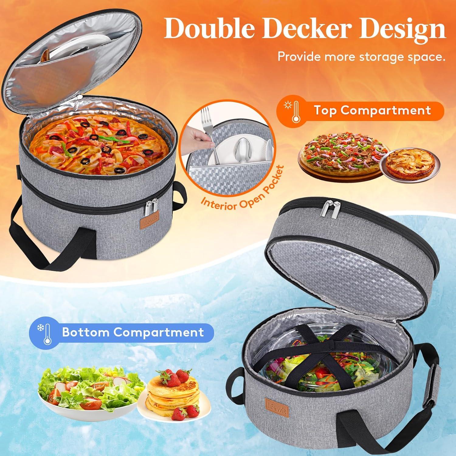 imageLifewit Insulated Double Decker Round Casserole Carrier Portable Pie Carrier Bag for Hot or Cold Food Fits 125quot Baking Dish Thermal Lunch Tote for Potluck Parties Picnic and Cookouts GreyGray