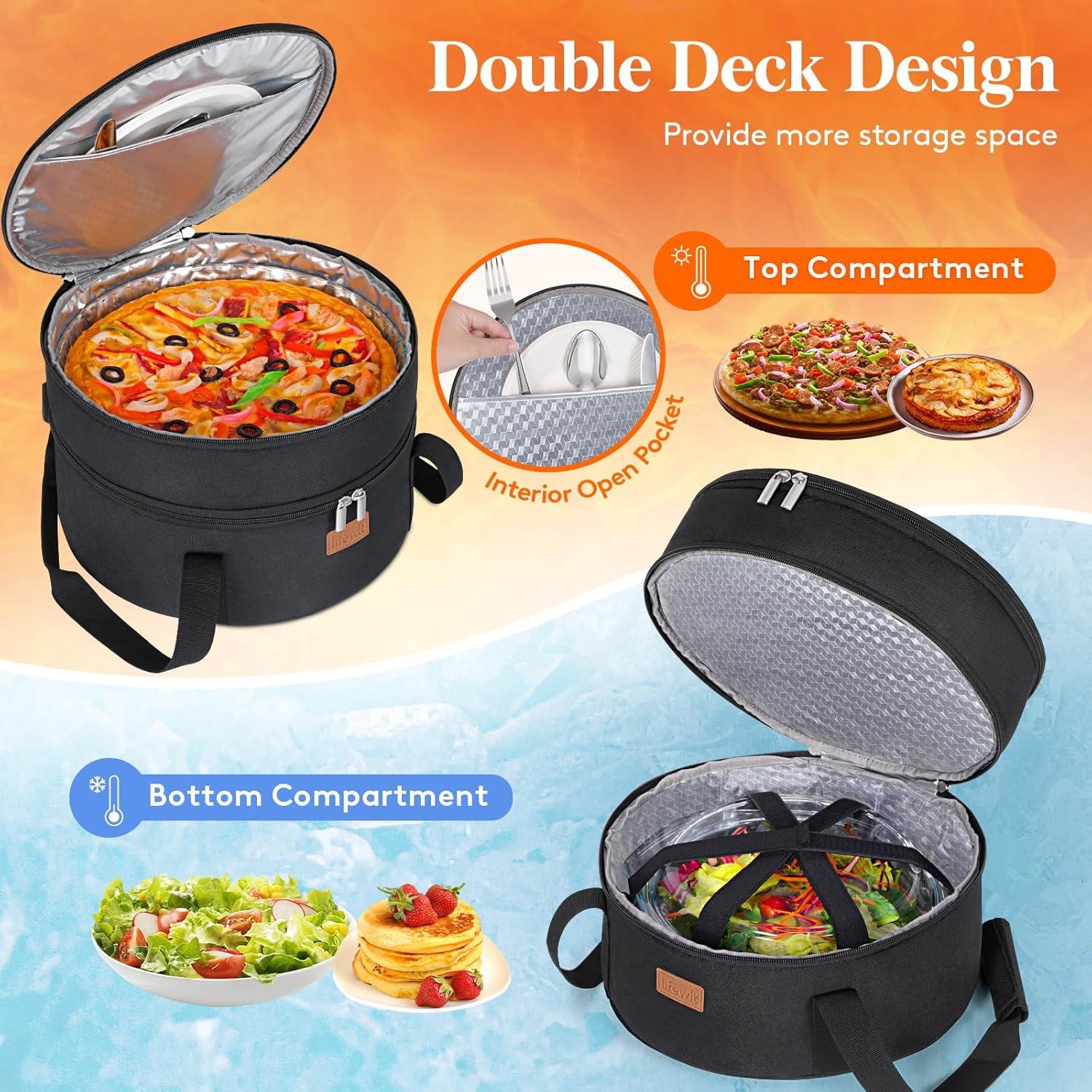 imageLifewit Insulated Double Decker Round Casserole Carrier Portable Pie Carrier Bag for Hot or Cold Food Fits 125quot Baking Dish Thermal Lunch Tote for Potluck Parties Picnic and Cookouts GreyBlack