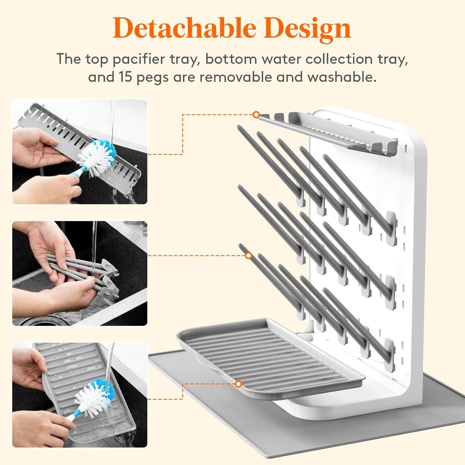 imageLifewit Large Baby Bottle Drying Rack with Drain Mat 15 Hooks Vertical Rack Dryer with Removable Pacifiers Box Drip Tray Space Saving Countertop Holder Organizer for Weighted Straws Pump Parts