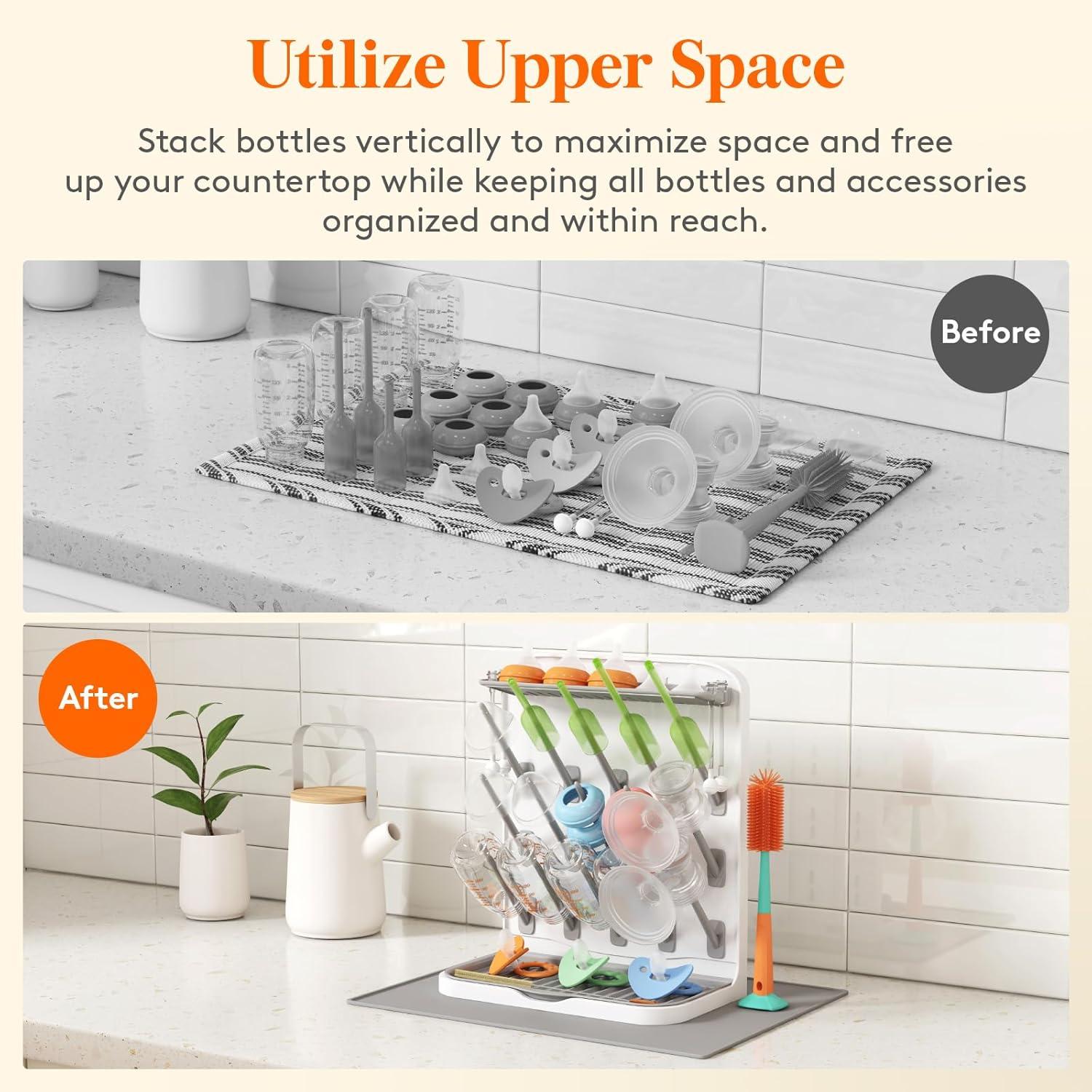 imageLifewit Large Baby Bottle Drying Rack with Drain Mat 15 Hooks Vertical Rack Dryer with Removable Pacifiers Box Drip Tray Space Saving Countertop Holder Organizer for Weighted Straws Pump Parts