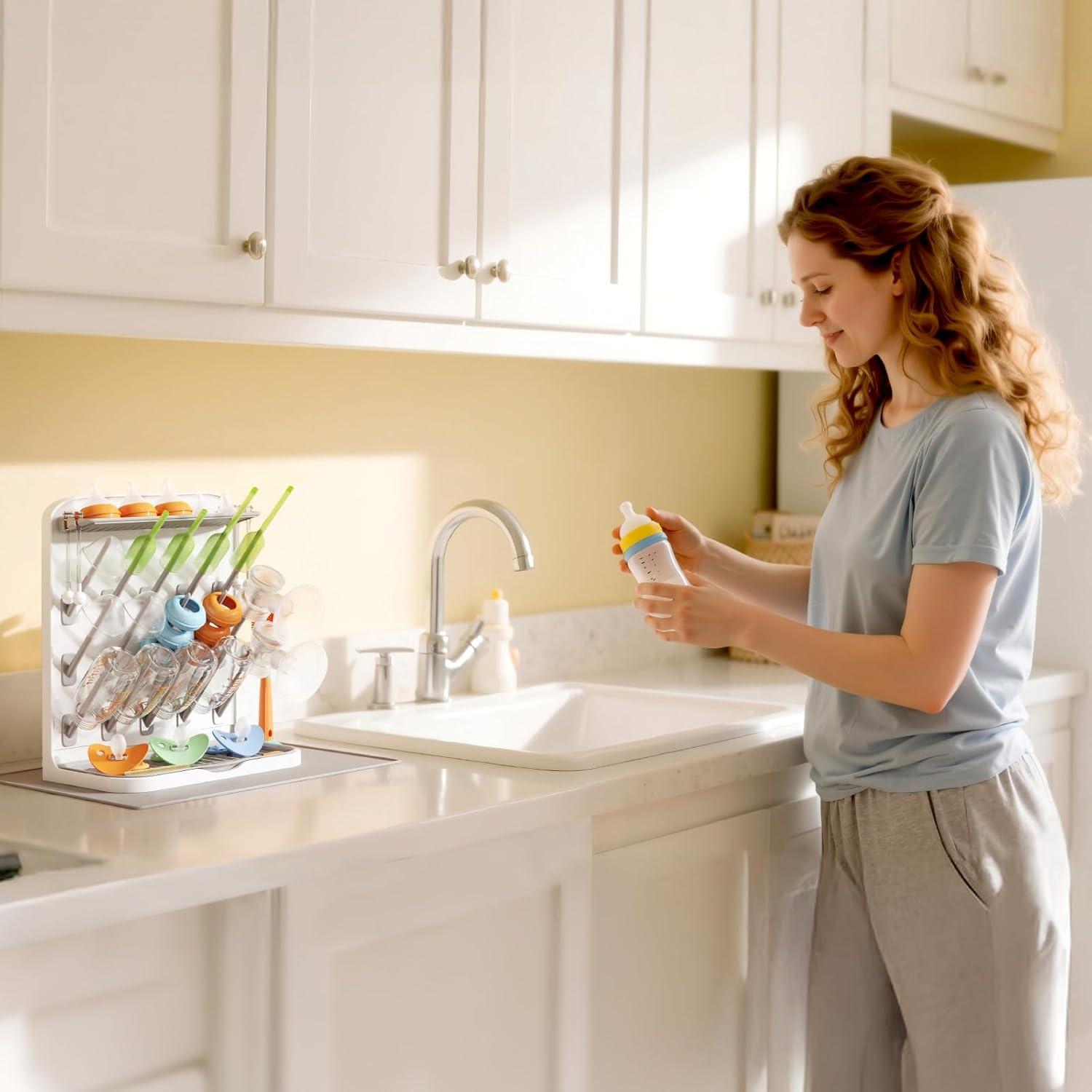 imageLifewit Large Baby Bottle Drying Rack with Drain Mat 15 Hooks Vertical Rack Dryer with Removable Pacifiers Box Drip Tray Space Saving Countertop Holder Organizer for Weighted Straws Pump Parts