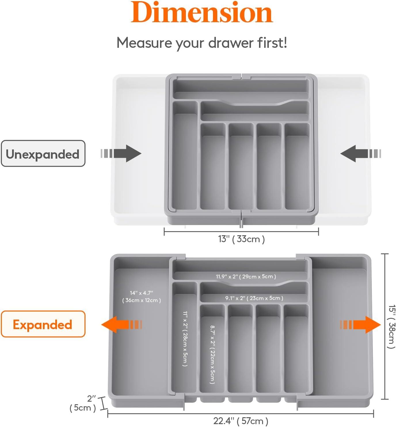 imageLifewit Large Silverware Drawer Organizer Plastic Cooking Utensil Tray for Kitchen Expandable From 21 to 36 Inches Adjustable Flatware Cutlery Spoon Fork Knife Spatula Gadgets Holder BlackGray