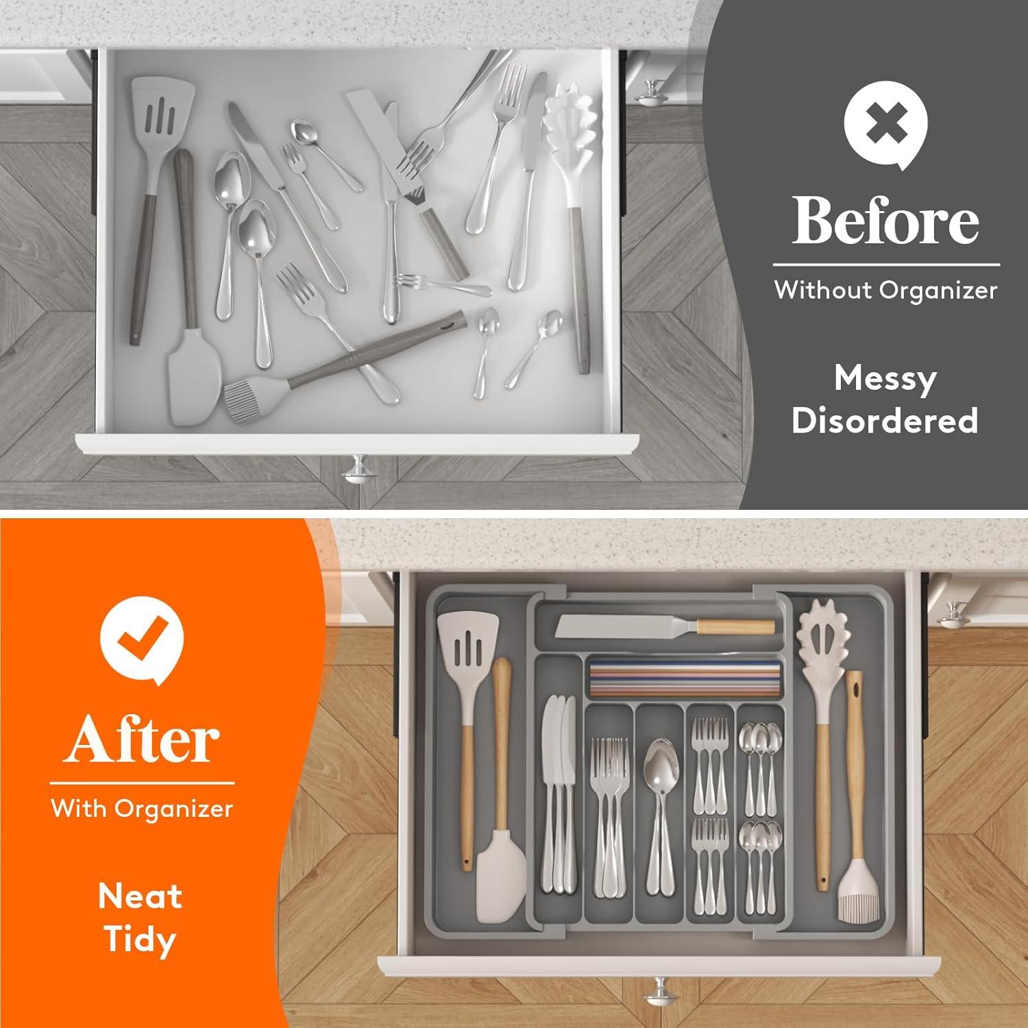 imageLifewit Large Silverware Drawer Organizer Plastic Cooking Utensil Tray for Kitchen Expandable From 21 to 36 Inches Adjustable Flatware Cutlery Spoon Fork Knife Spatula Gadgets Holder BlackGray