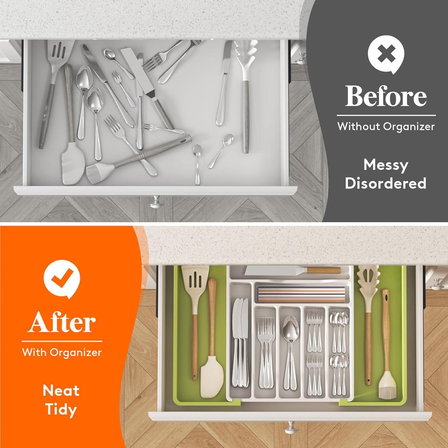 imageLifewit Large Silverware Drawer Organizer Plastic Cooking Utensil Tray for Kitchen Expandable From 21 to 36 Inches Adjustable Flatware Cutlery Spoon Fork Knife Spatula Gadgets Holder BlackGreenWhite