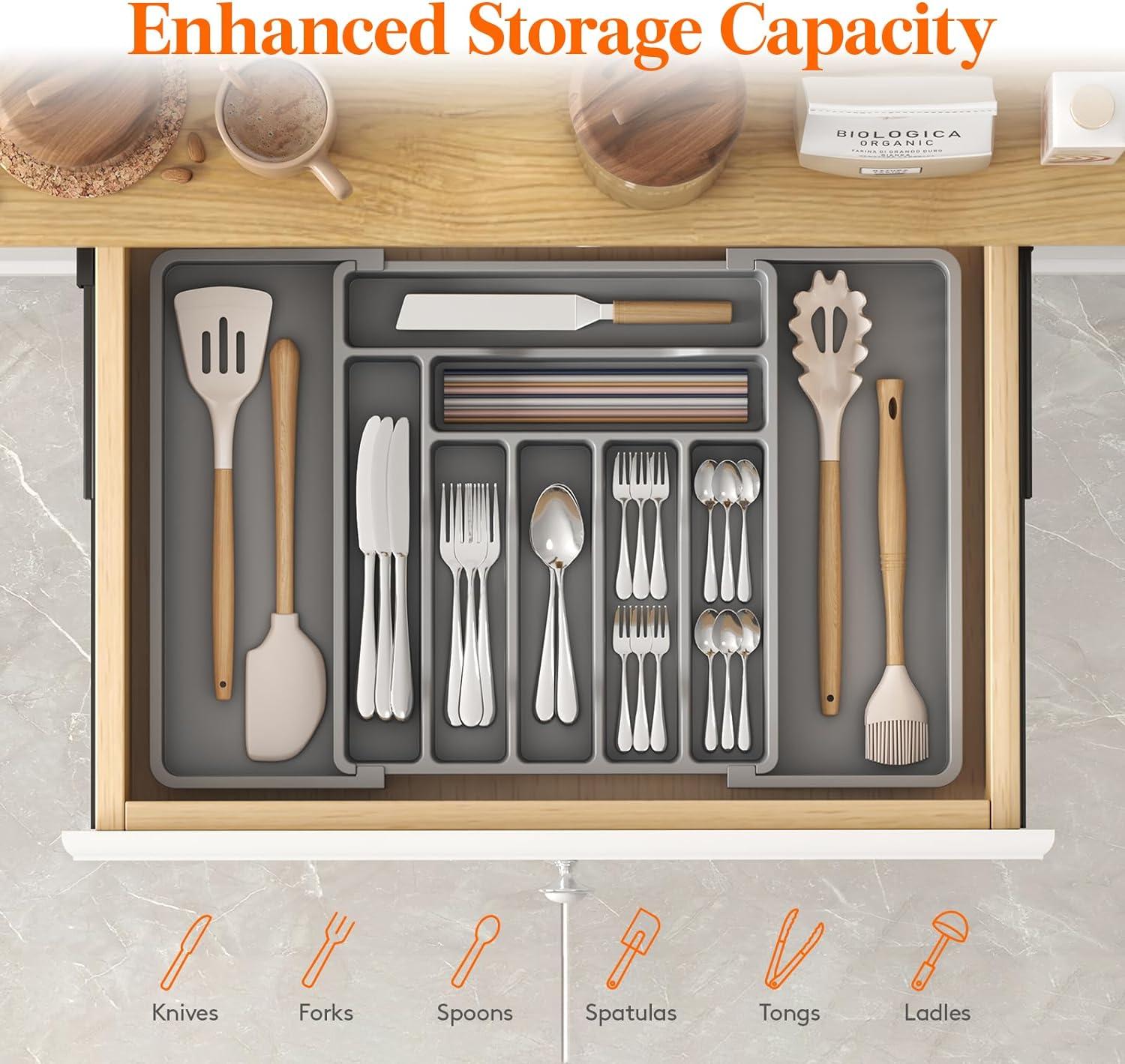 imageLifewit Large Silverware Drawer Organizer Plastic Cooking Utensil Tray for Kitchen Expandable From 21 to 36 Inches Adjustable Flatware Cutlery Spoon Fork Knife Spatula Gadgets Holder BlackGray