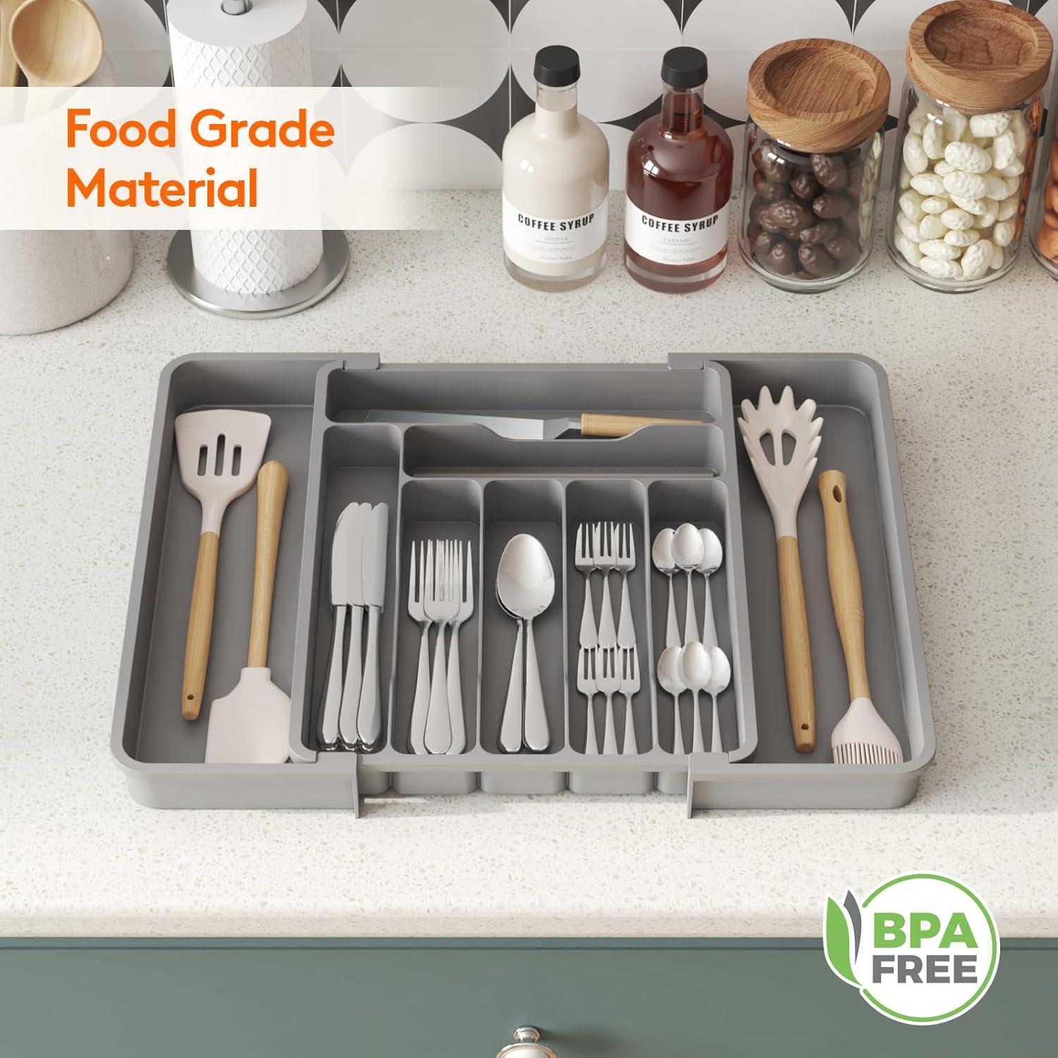 imageLifewit Large Silverware Drawer Organizer Plastic Cooking Utensil Tray for Kitchen Expandable From 21 to 36 Inches Adjustable Flatware Cutlery Spoon Fork Knife Spatula Gadgets Holder BlackGray