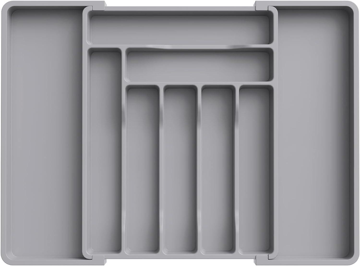 imageLifewit Large Silverware Drawer Organizer Plastic Cooking Utensil Tray for Kitchen Expandable From 21 to 36 Inches Adjustable Flatware Cutlery Spoon Fork Knife Spatula Gadgets Holder BlackGray