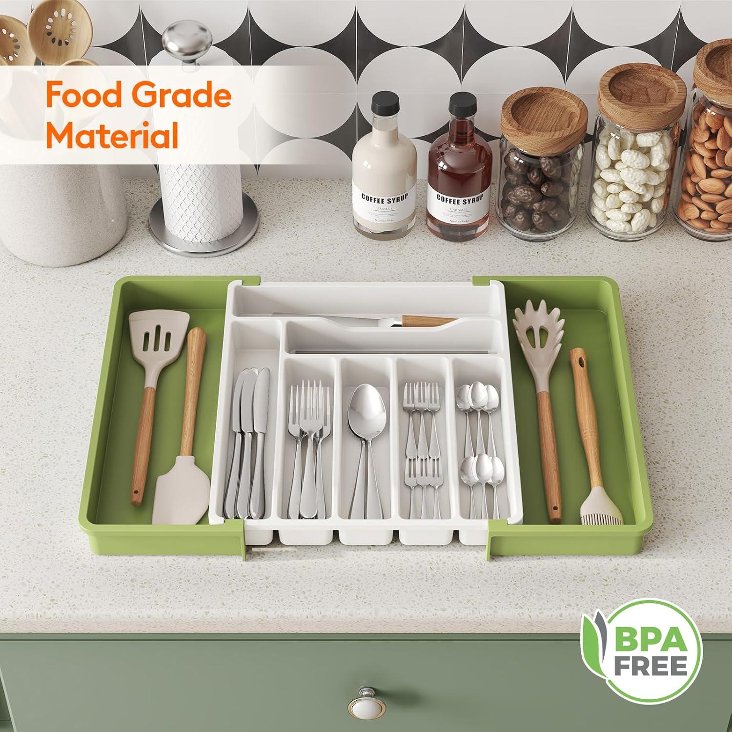 imageLifewit Large Silverware Drawer Organizer Plastic Cooking Utensil Tray for Kitchen Expandable From 21 to 36 Inches Adjustable Flatware Cutlery Spoon Fork Knife Spatula Gadgets Holder BlackGreenWhite