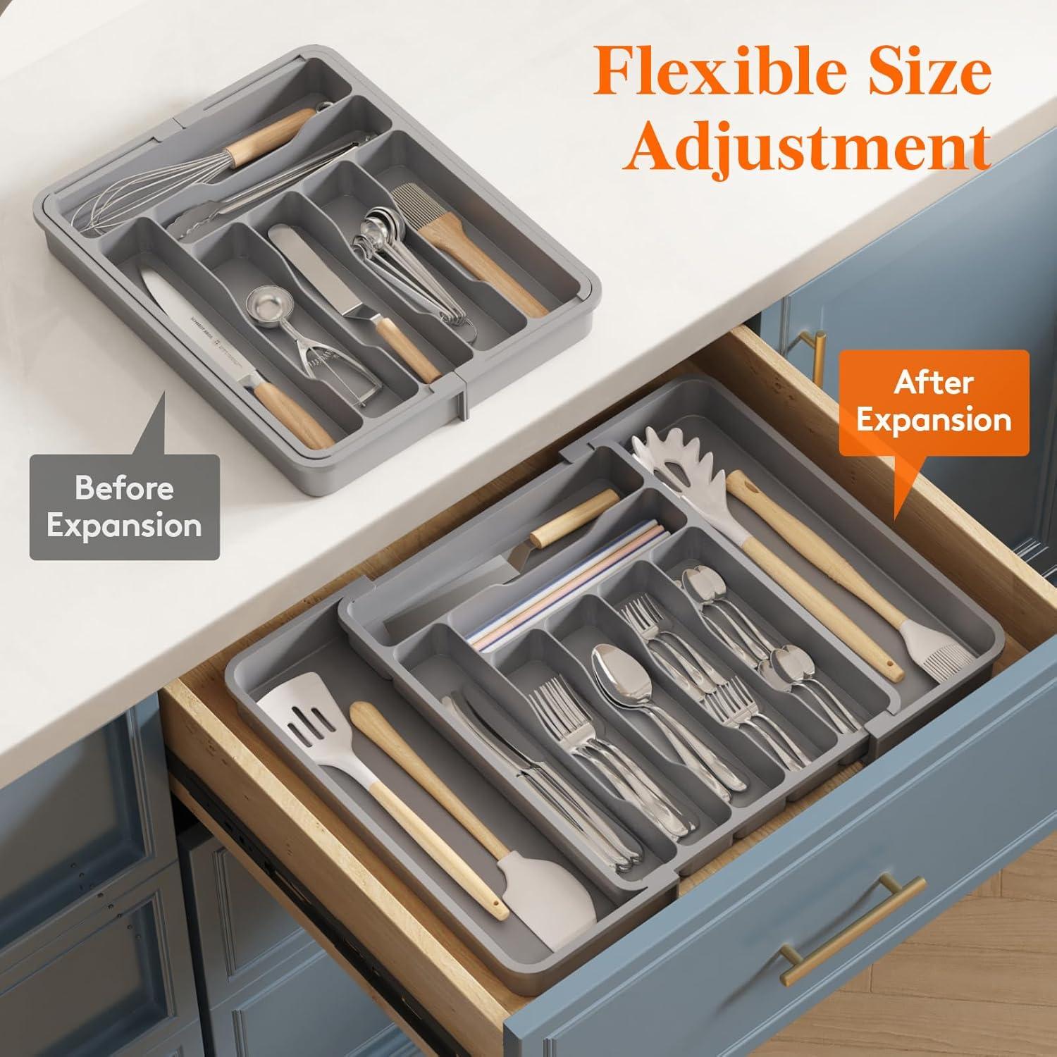 imageLifewit Large Silverware Drawer Organizer Plastic Cooking Utensil Tray for Kitchen Expandable From 21 to 36 Inches Adjustable Flatware Cutlery Spoon Fork Knife Spatula Gadgets Holder BlackGray