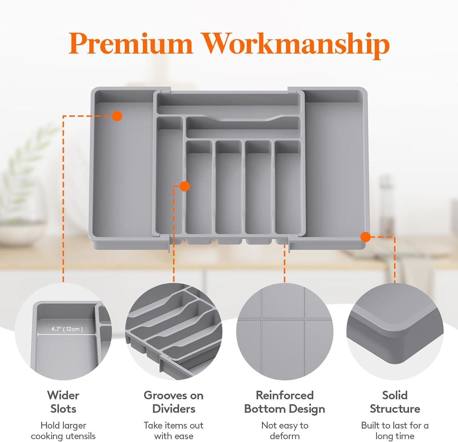 imageLifewit Large Silverware Drawer Organizer Plastic Cooking Utensil Tray for Kitchen Expandable From 21 to 36 Inches Adjustable Flatware Cutlery Spoon Fork Knife Spatula Gadgets Holder BlackGray