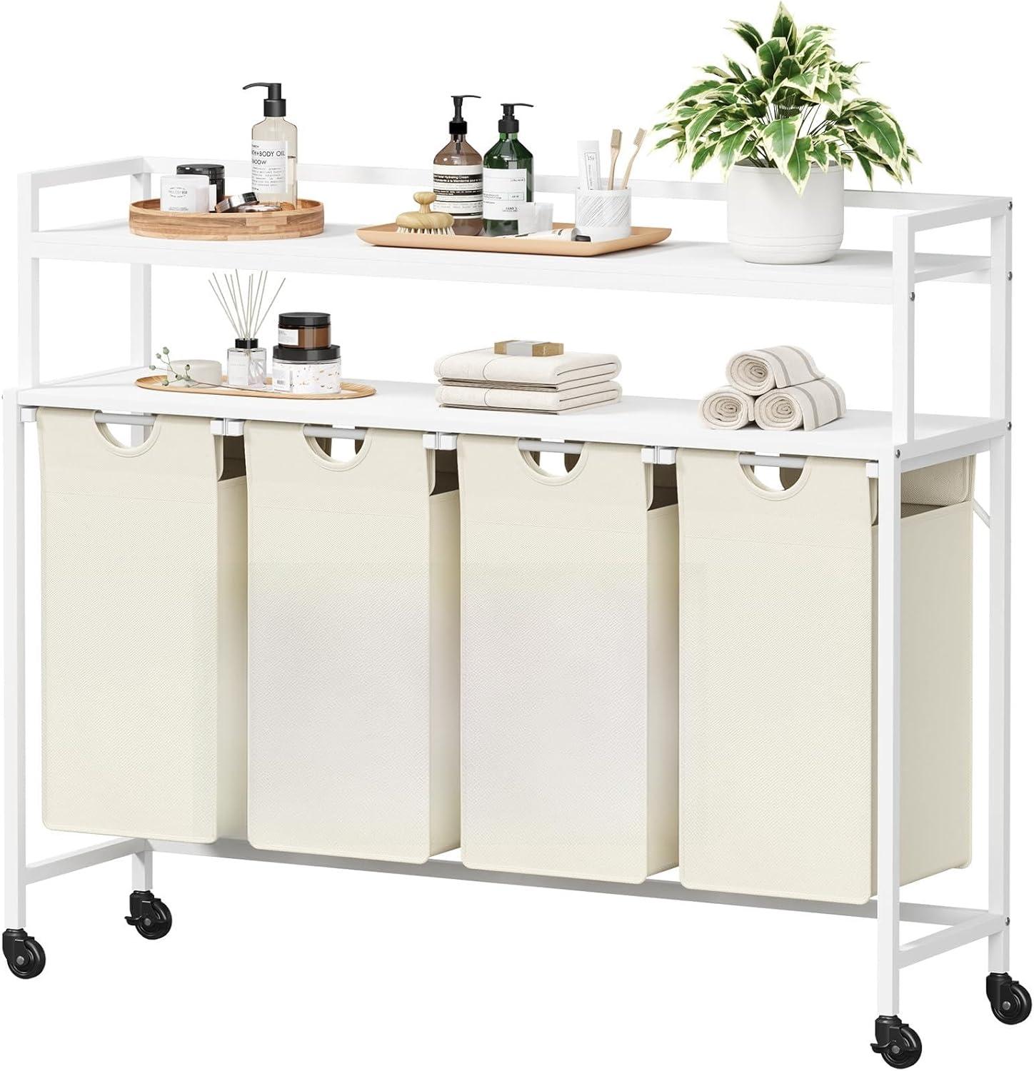 imageLifewit Laundry Hamper 4 Section 168L Pull out Laundry Clothes Basket Organizer with Large Top Shelf and 4 Removable Bags and Handles Laundry Sorter for Laundry Room Bedroom Bathroom BlackWhite