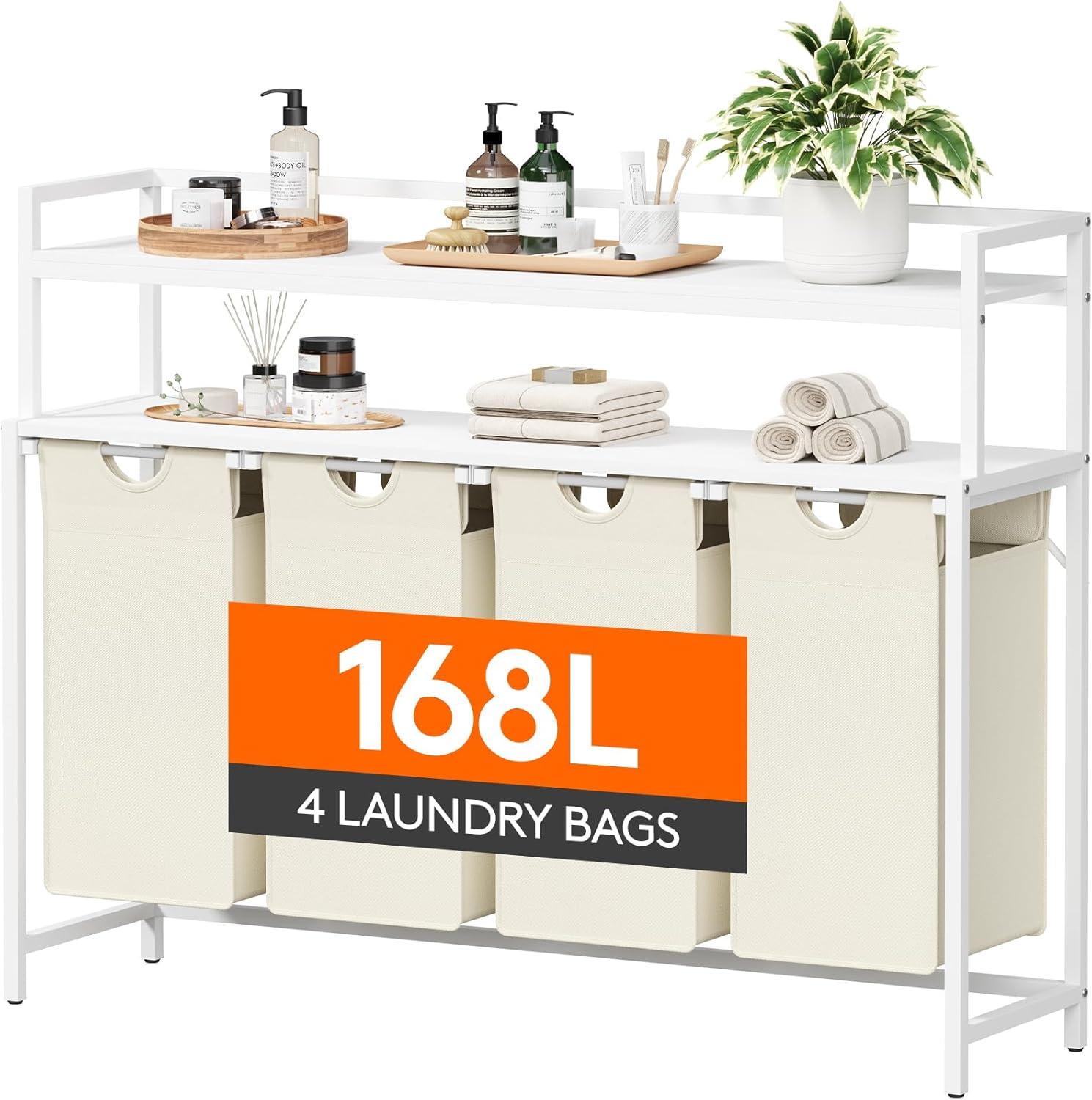 imageLifewit Laundry Hamper 4 Section 168L Pull out Laundry Clothes Basket Organizer with Large Top Shelf and 4 Removable Bags and Handles Laundry Sorter for Laundry Room Bedroom Bathroom BlackWhite